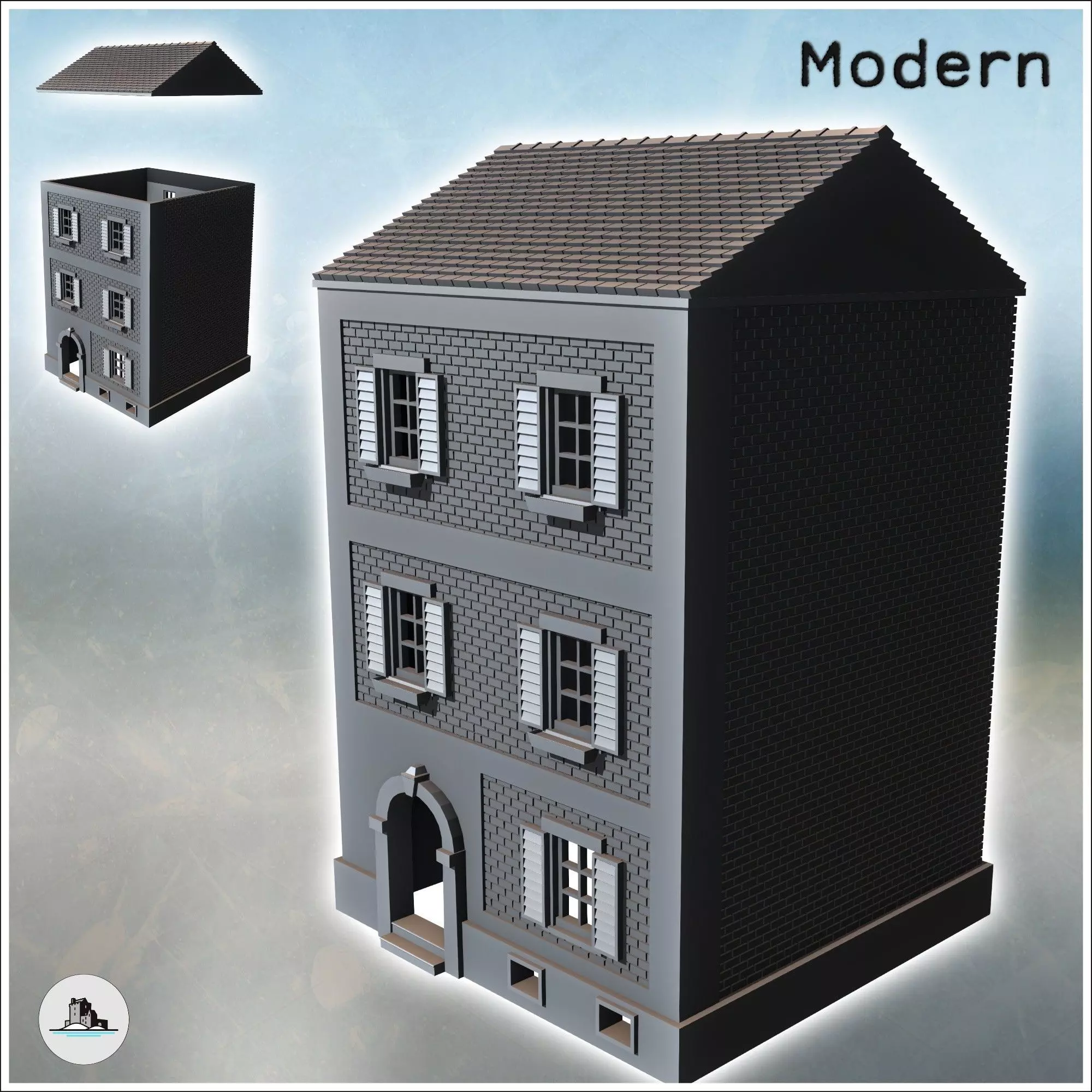 Square brick building with shuttered windows and two floors inta 3D print model_0