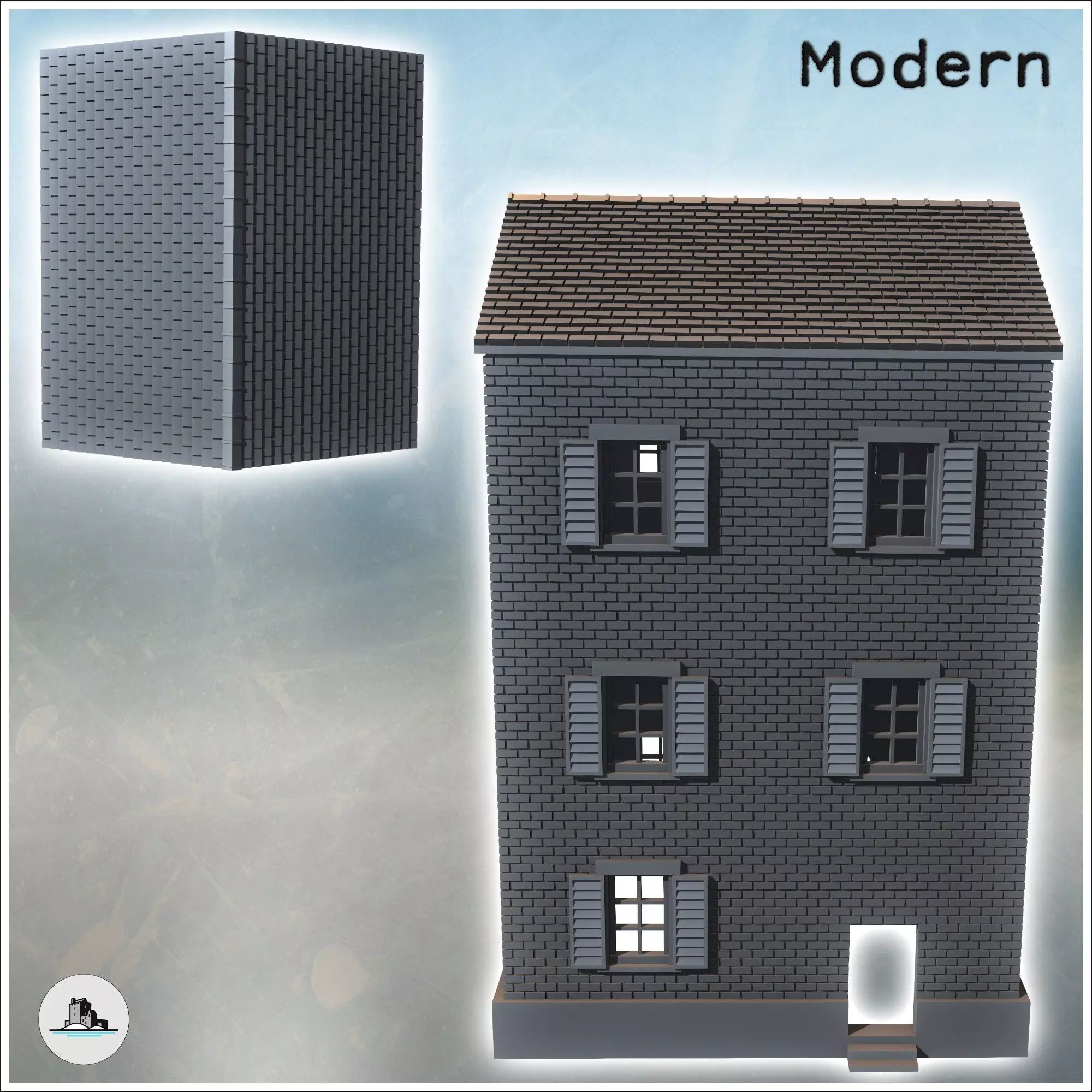 Square brick building with shuttered windows and two floors inta 3D print model_3