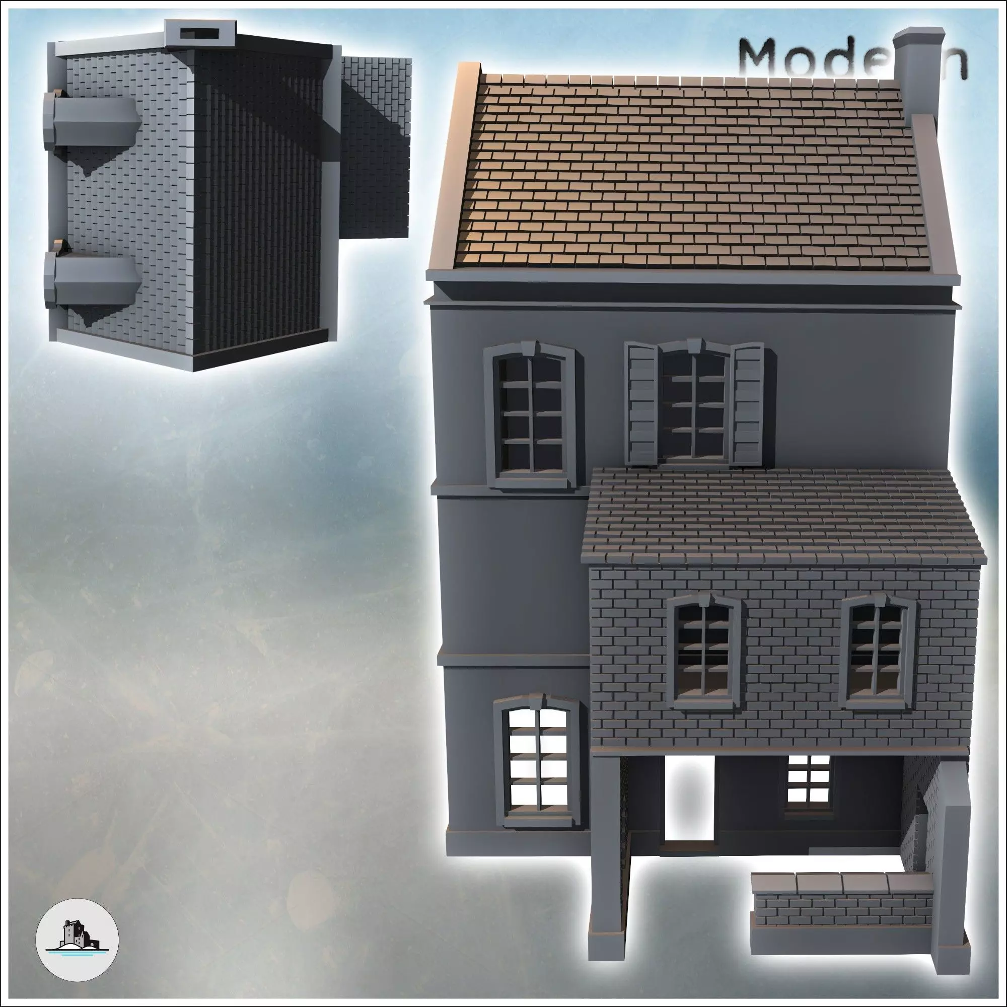 Square building with two floors and baroque-style roof windows i 3D print model_3