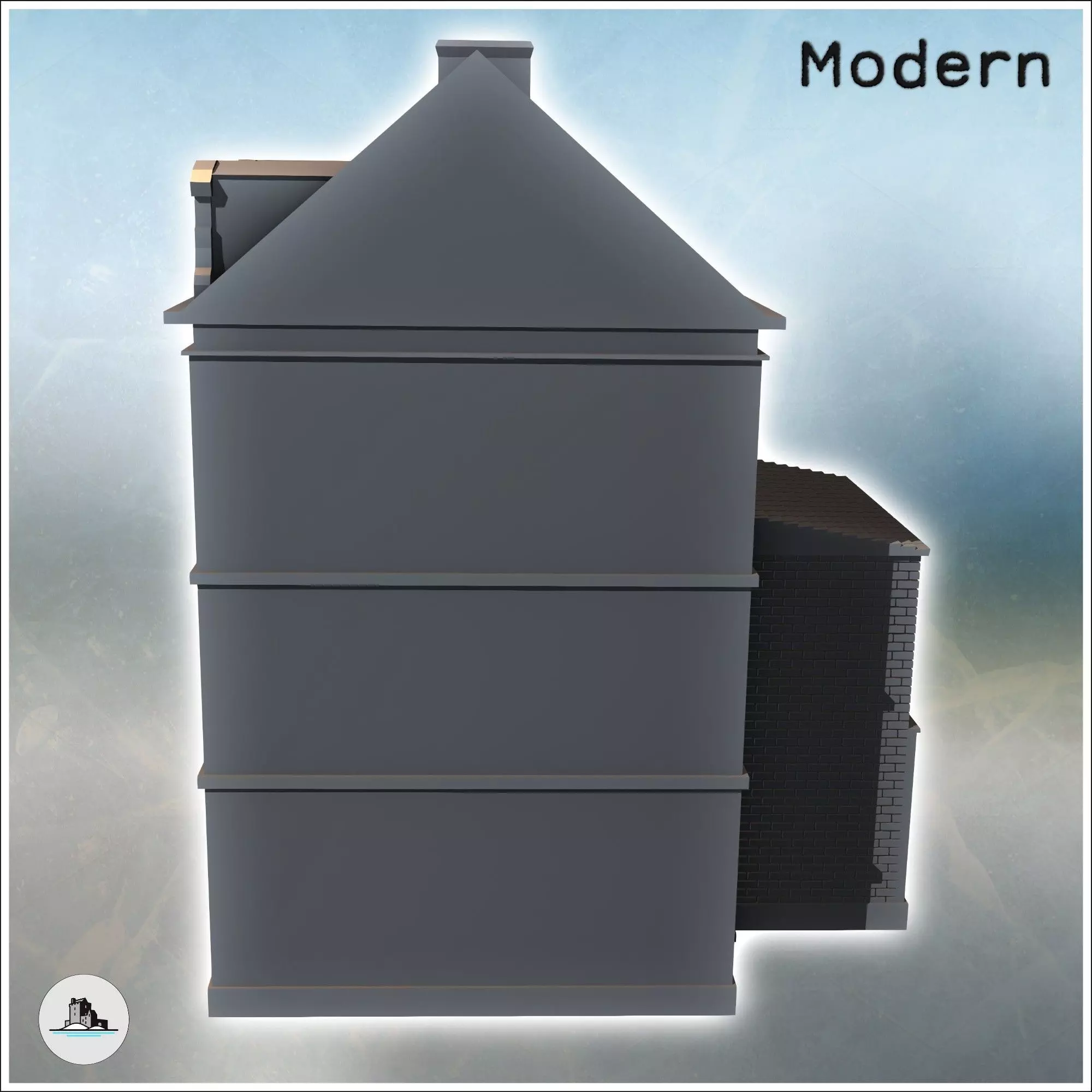 Square building with two floors and baroque-style roof windows i 3D print model_4