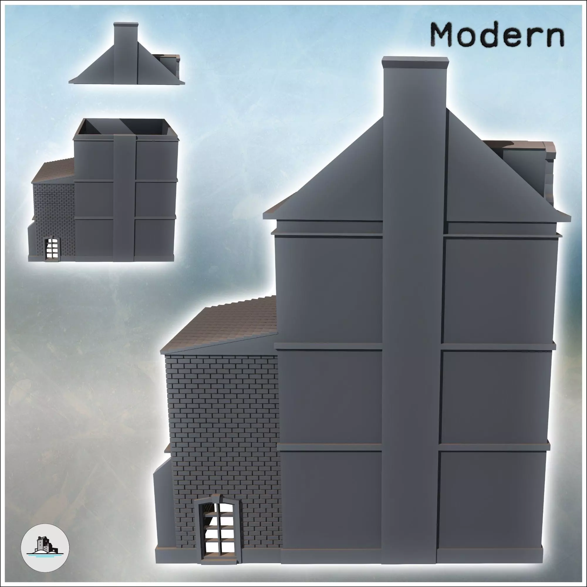 Square building with two floors and baroque-style roof windows i 3D print model_2
