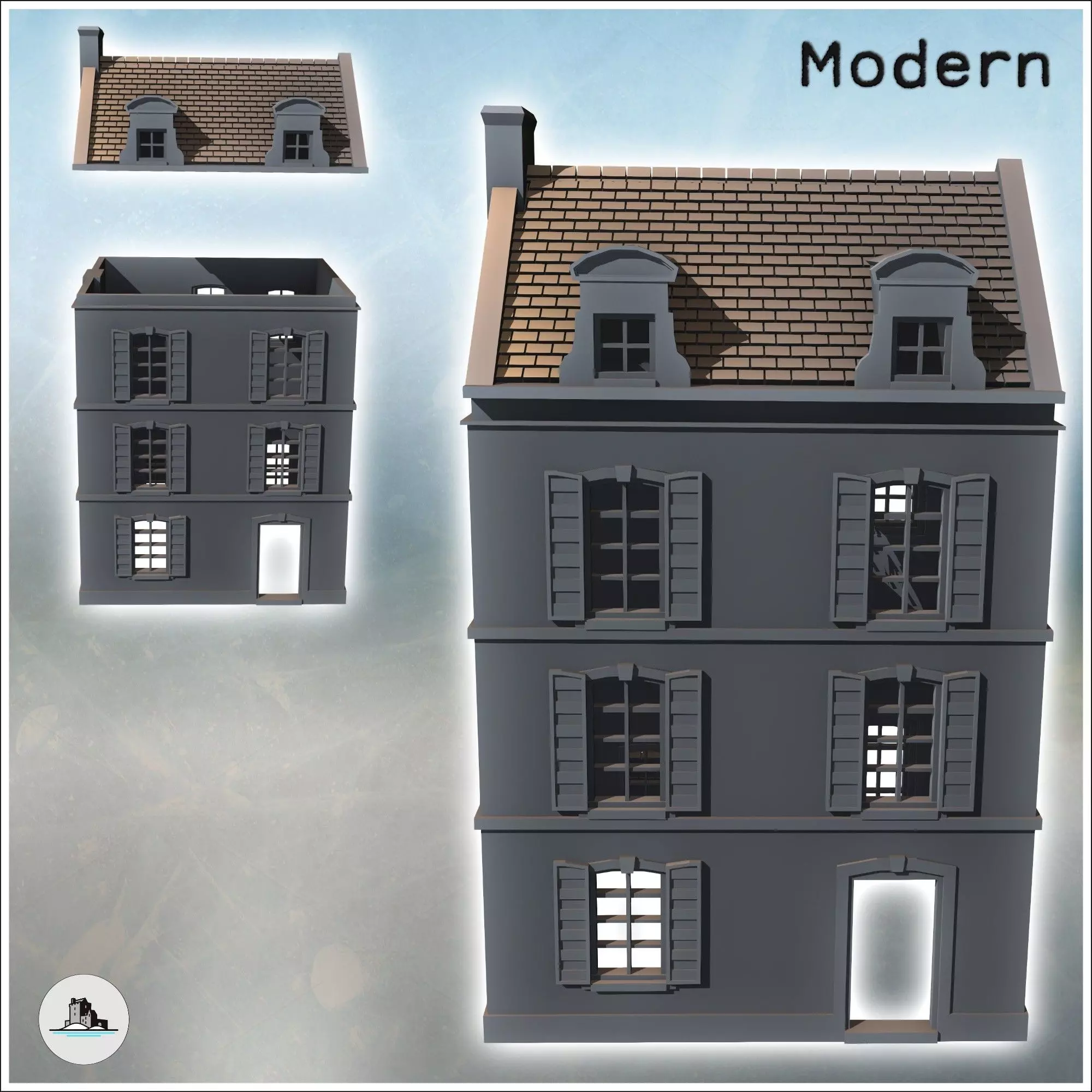 Square building with two floors and baroque-style roof windows i 3D print model_1