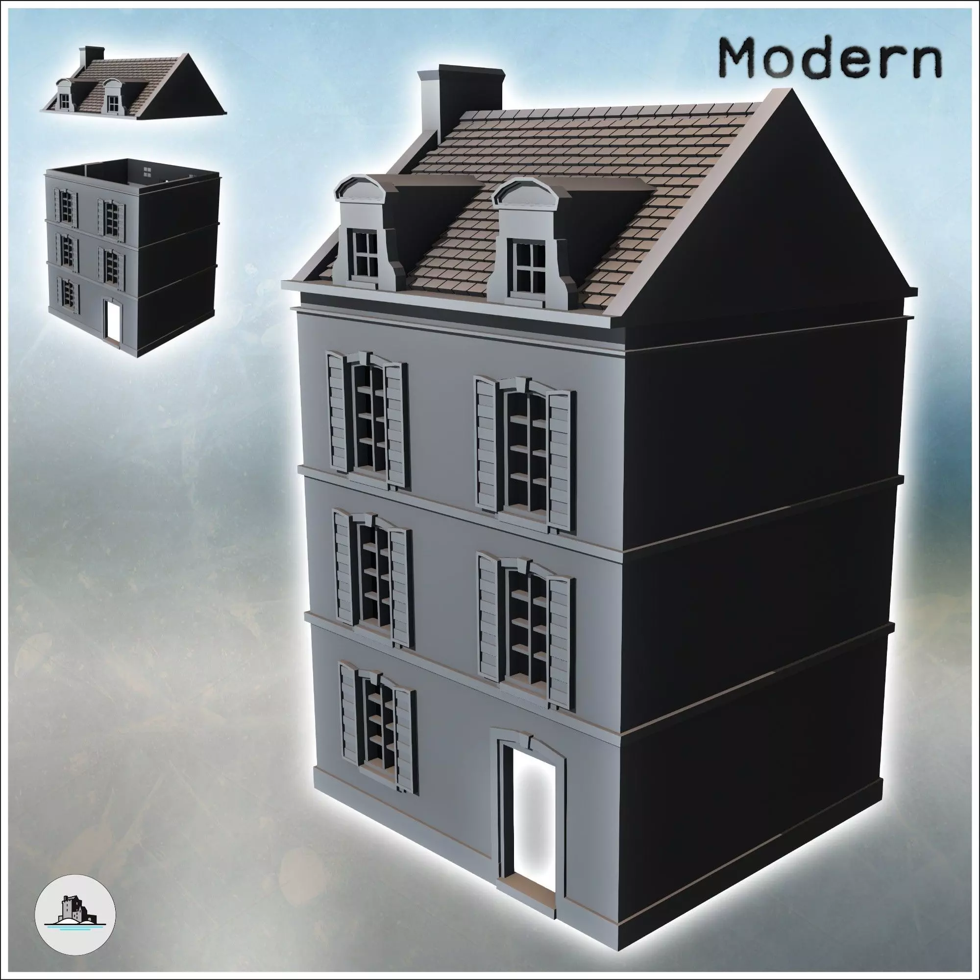 Square building with two floors and baroque-style roof windows i 3D print model_0