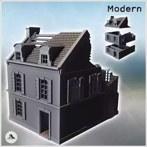 Two-story building with baroque-style roof windows and rear anne