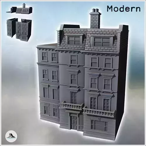 Large modern building in three parts with four floors and roof w