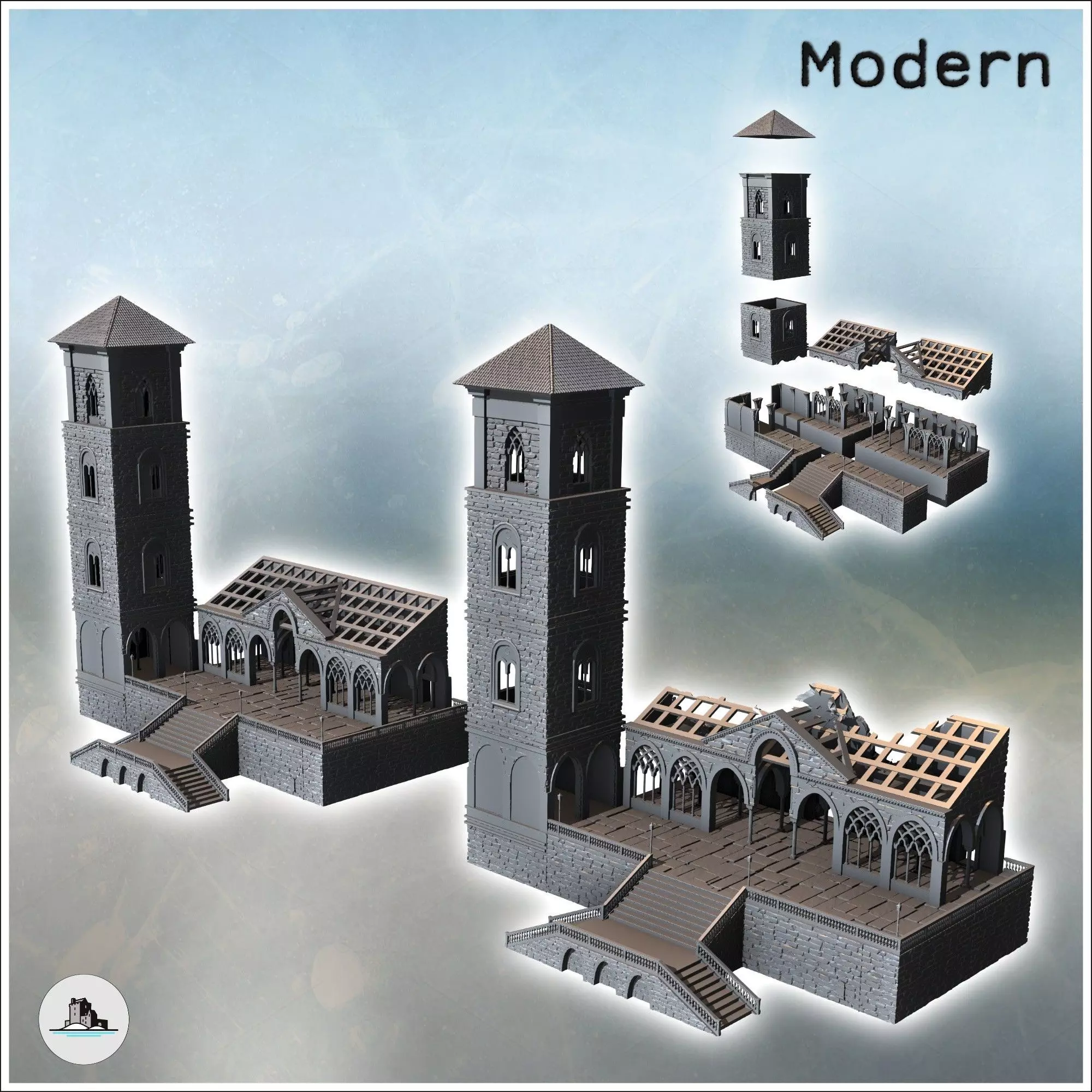 Set of two modern buildings with a tower gothic arches and a gra 3D print model_0