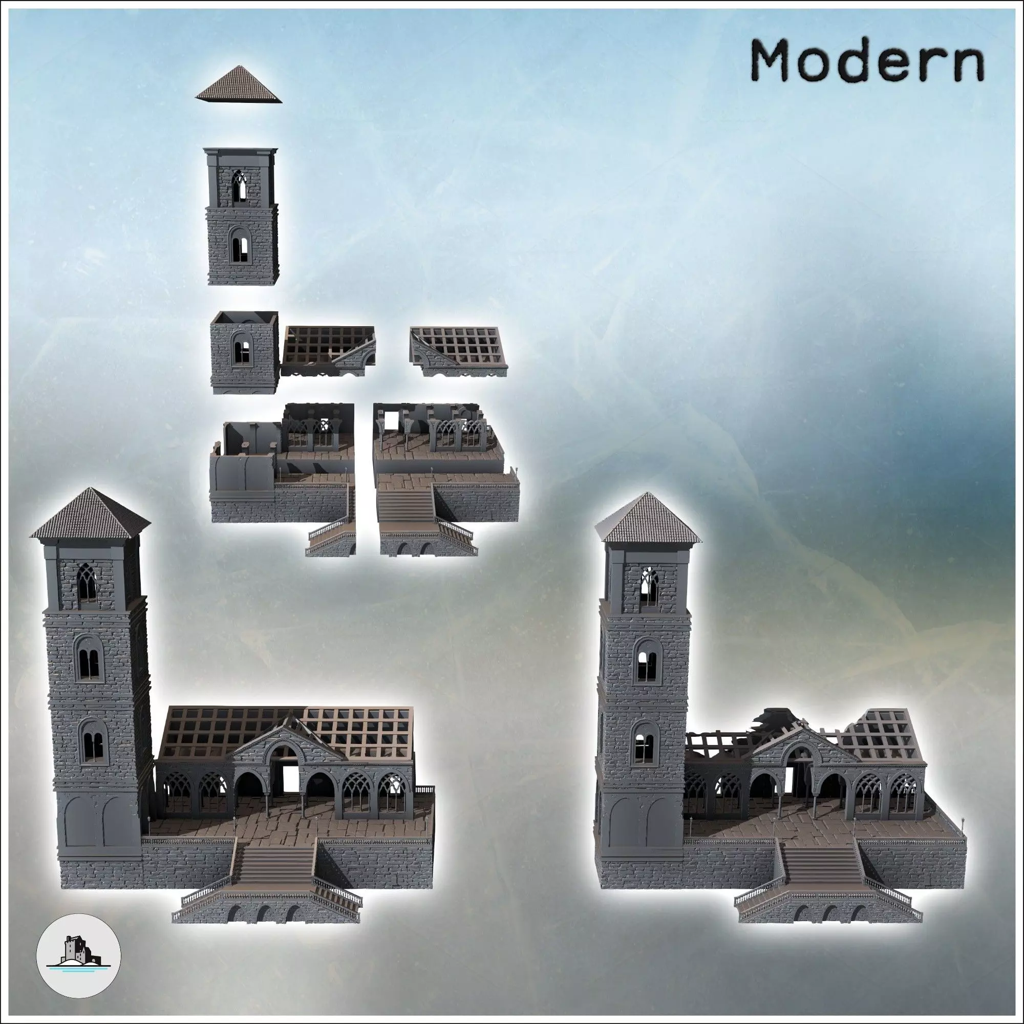 Set of two modern buildings with a tower gothic arches and a gra 3D print model_1