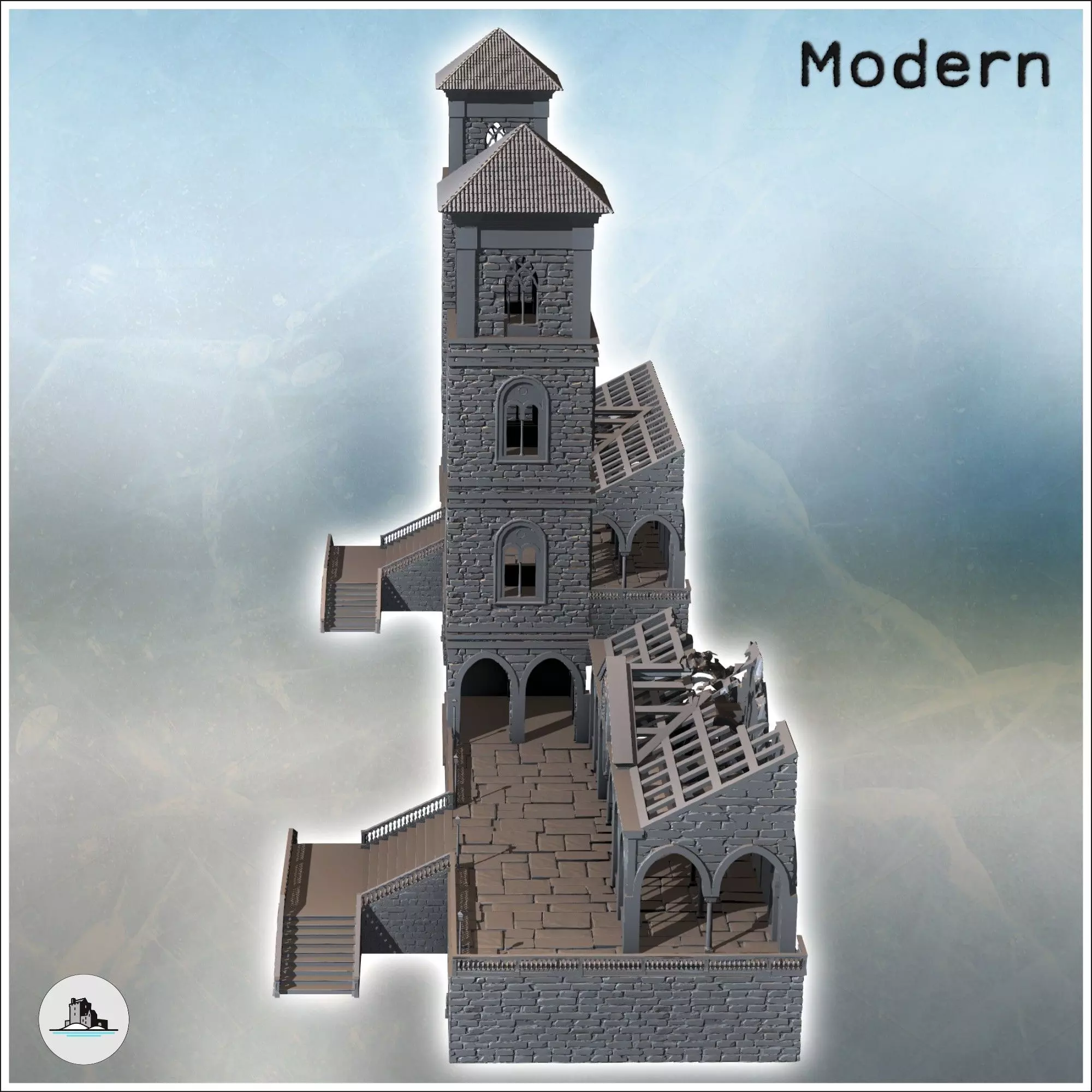 Set of two modern buildings with a tower gothic arches and a gra 3D print model_4