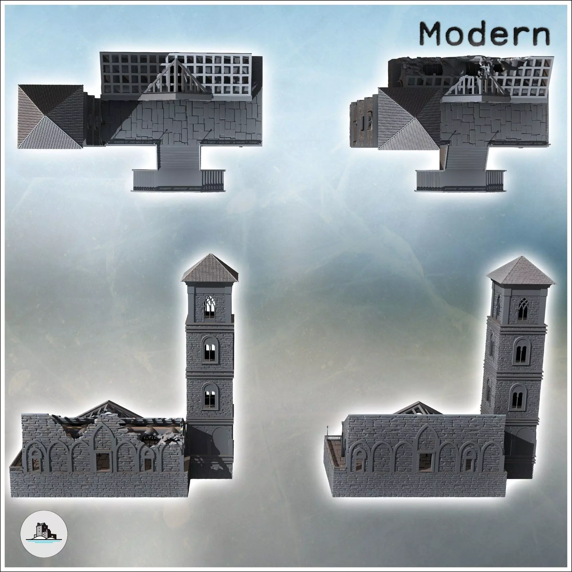 Set of two modern buildings with a tower gothic arches and a gra 3D print model_3