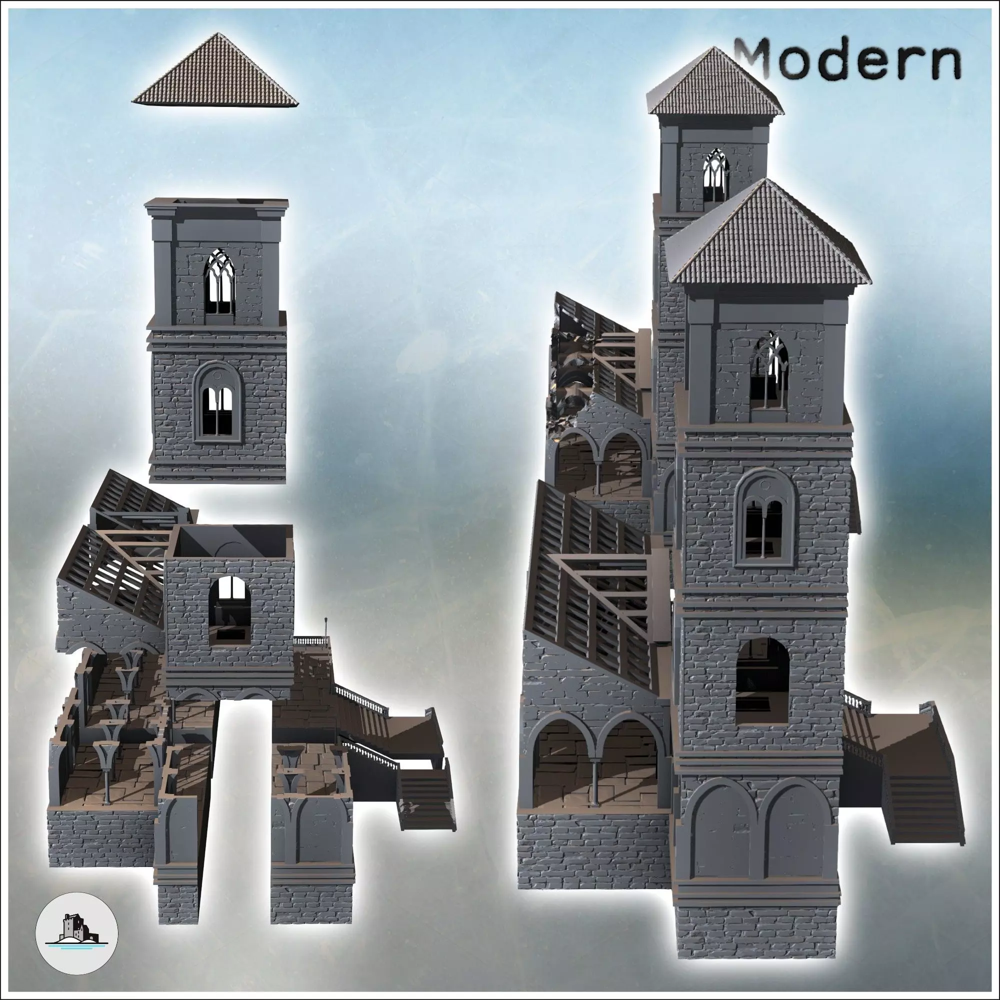 Set of two modern buildings with a tower gothic arches and a gra 3D print model_2