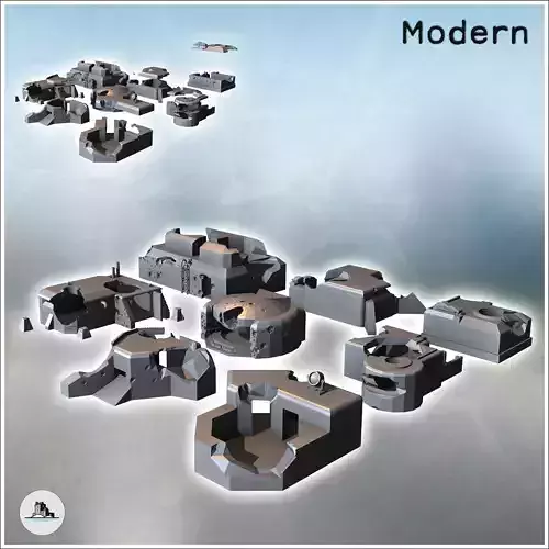 Set of eight damaged modern military bunkers with heavy artiller