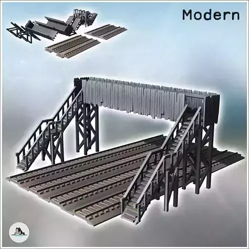 Pedestrian railway bridge with wooden plank walls and four railw