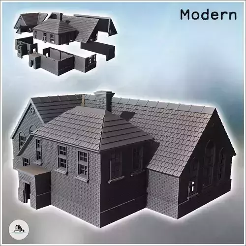 Large modern mansion with angled roof and central annex with chi