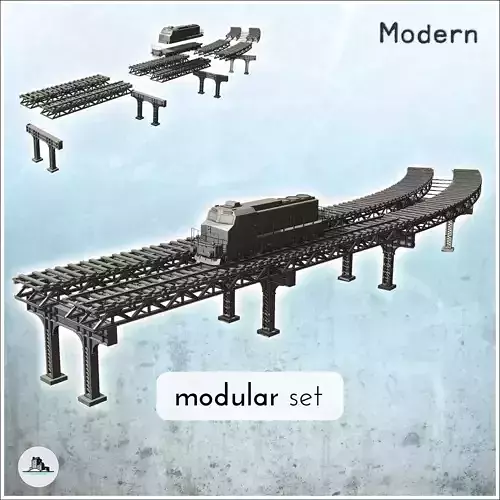 Set of elevated train tracks with modern diesel locomotive 1 - M