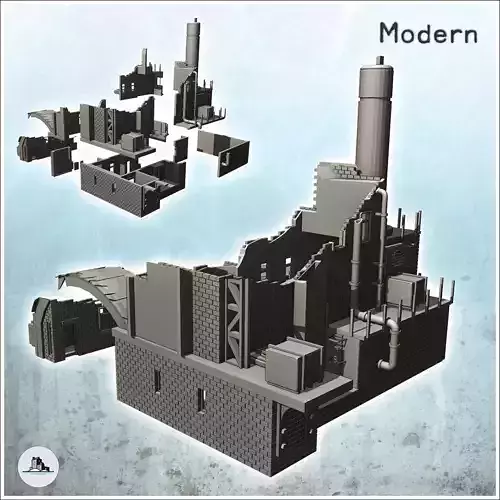 Modern brick factory with large chimney and access arch destroye