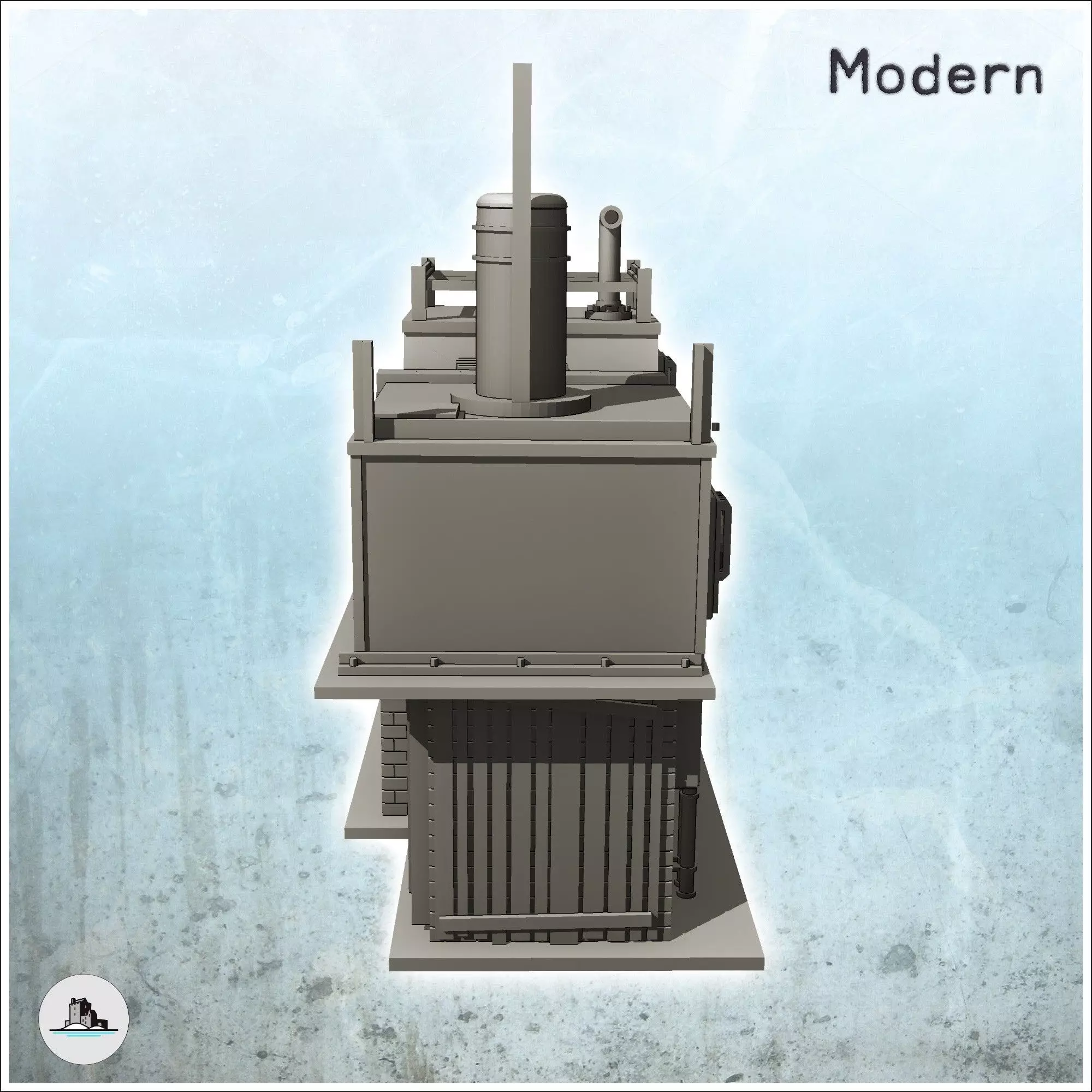 Two-storey brick factory with chimney and steel beam intact vers 3D print model_4