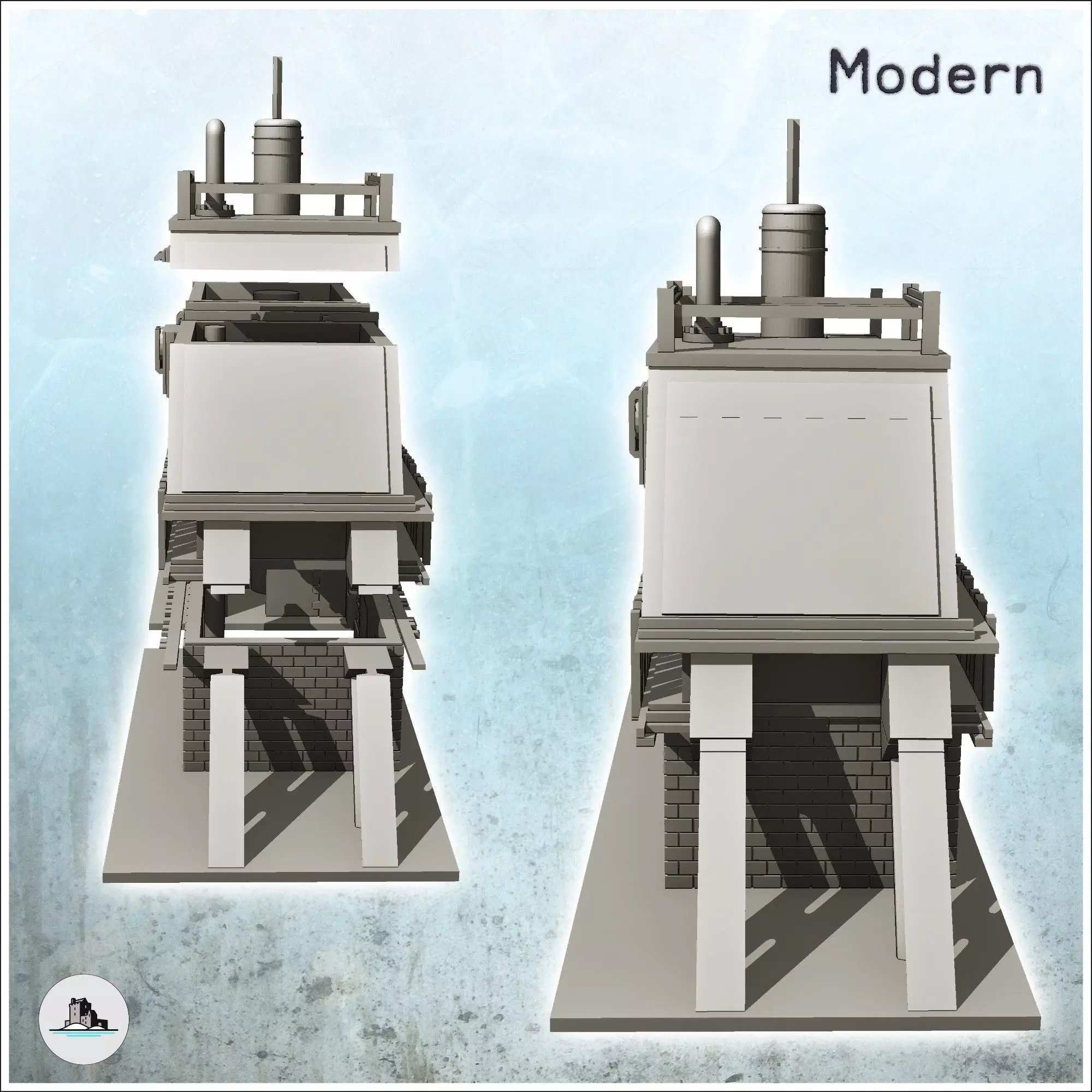 Two-storey brick factory with chimney and steel beam intact vers 3D print model_2