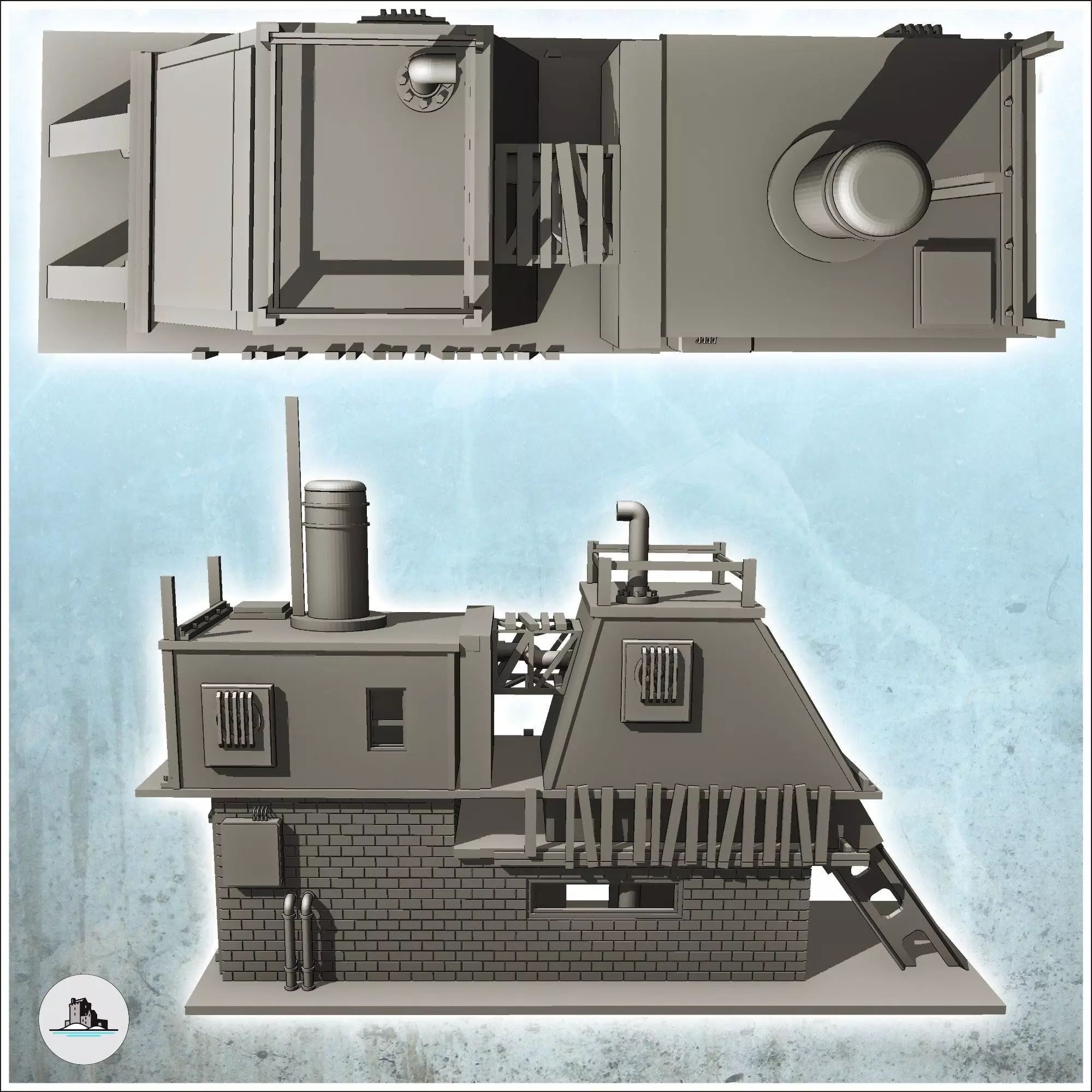 Two-storey brick factory with chimney and steel beam intact vers 3D print model_3