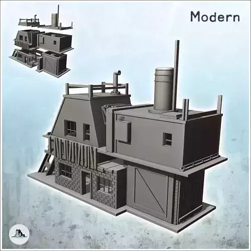 Two-storey brick factory with chimney and steel beam intact vers