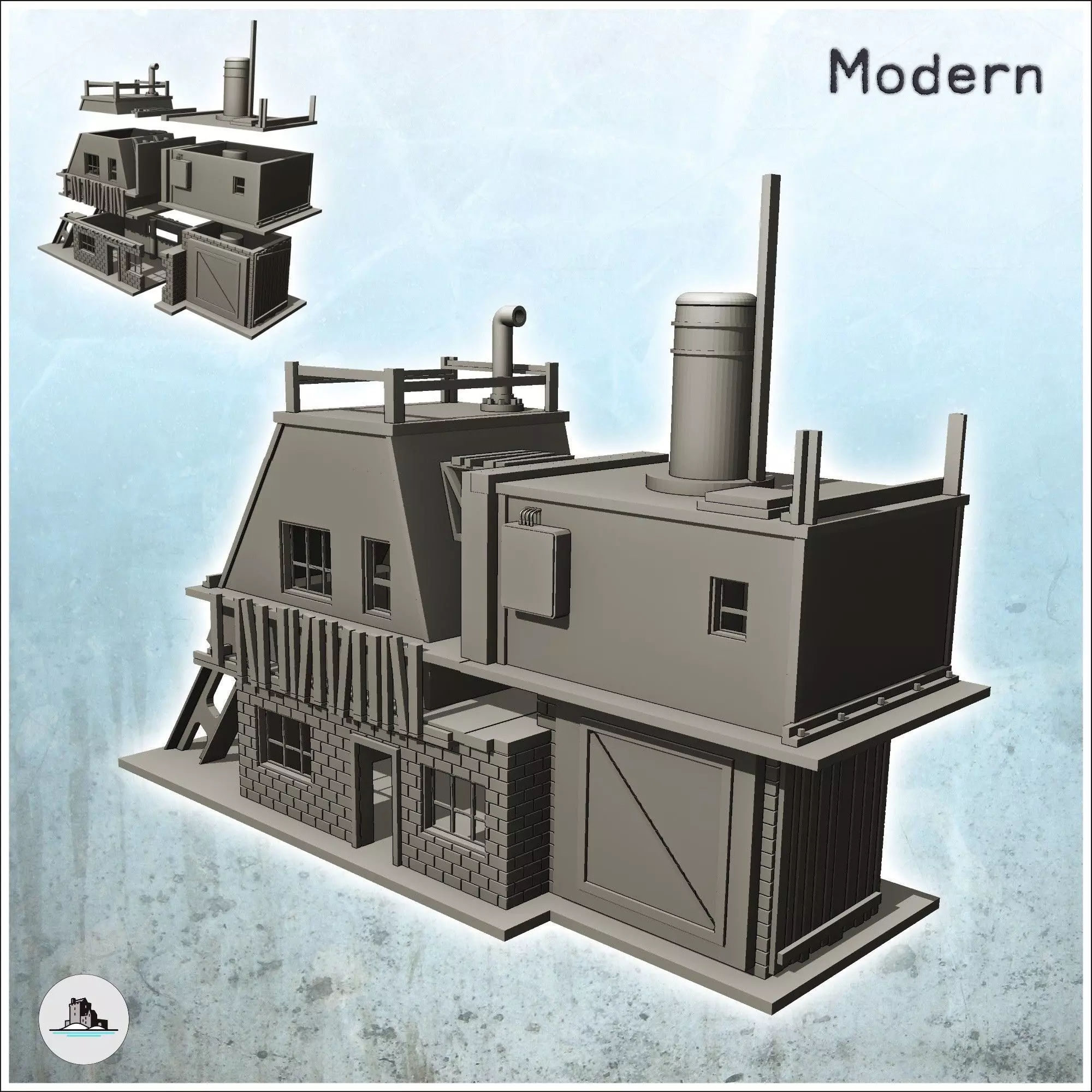 Two-storey brick factory with chimney and steel beam intact vers 3D print model_0