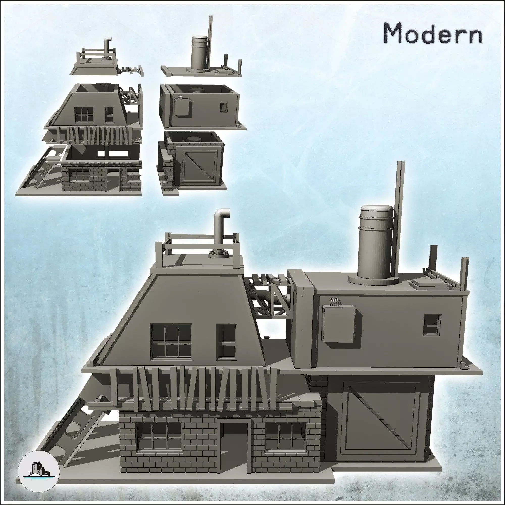 Two-storey brick factory with chimney and steel beam intact vers 3D print model_1