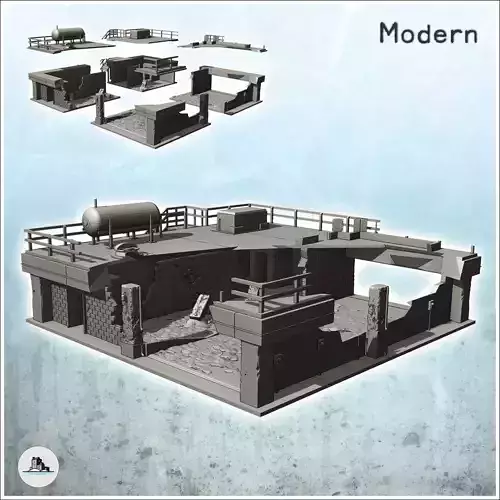 Industrial garage with rooftop annex and long antenna destroyed 