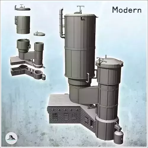 Double industrial grain tanks with annex and external pipes inta