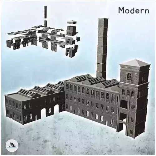 Large modern multi-storey brick industrial plant with chimney in