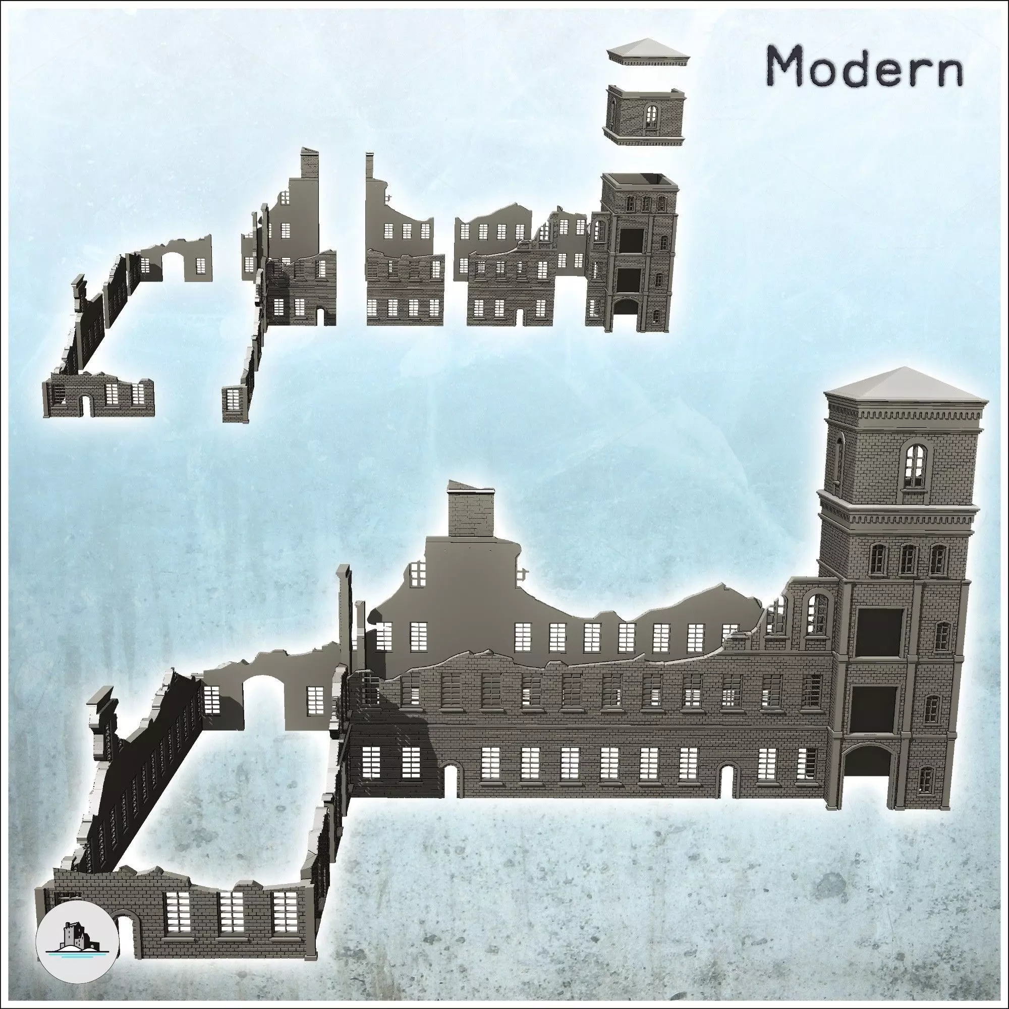 Large modern multi-storey brick industrial plant with chimney de 3D print model_1