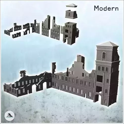 Large modern multi-storey brick industrial plant with chimney de