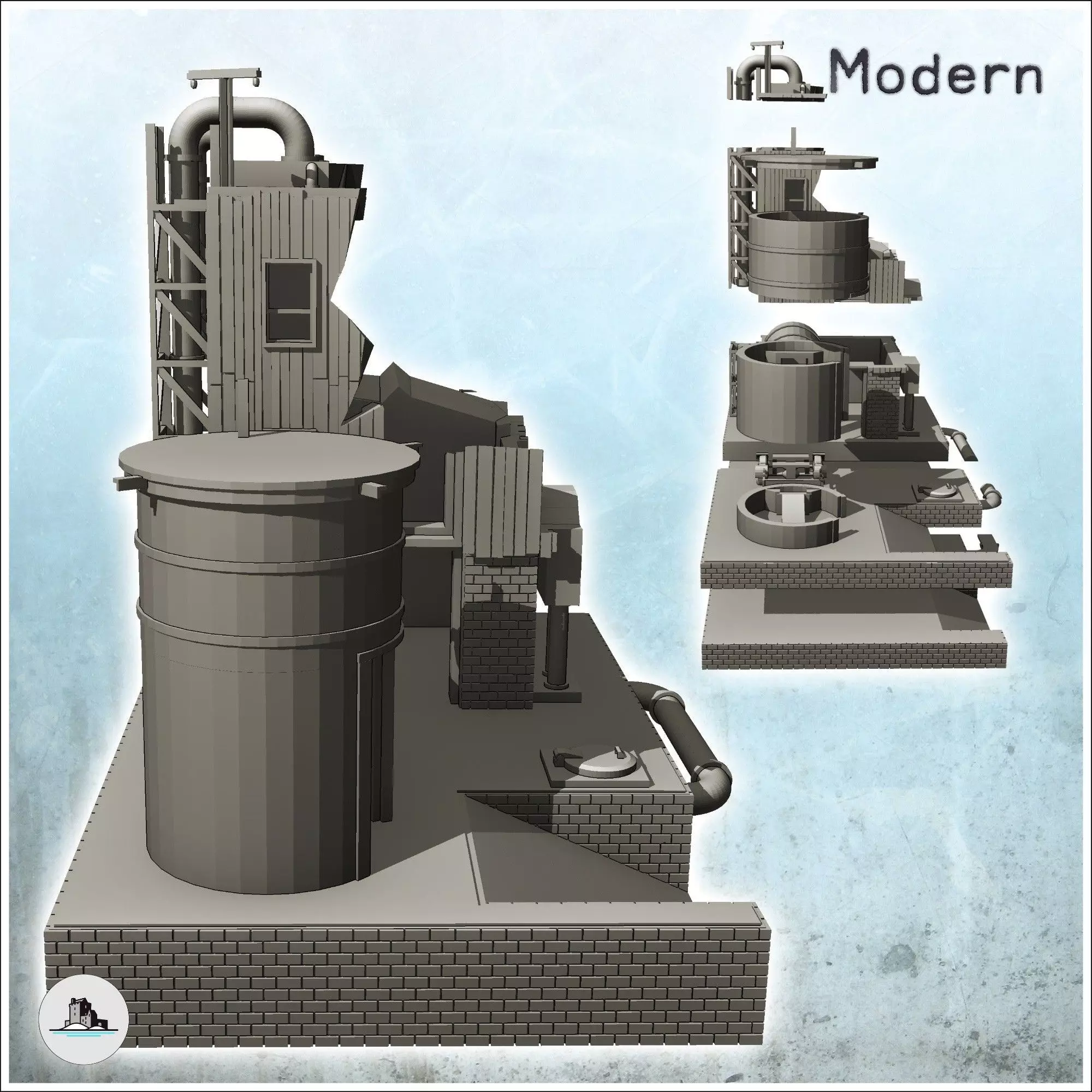 Brick industrial plant on platform with auxiliary tank and pipes 3D print model_2