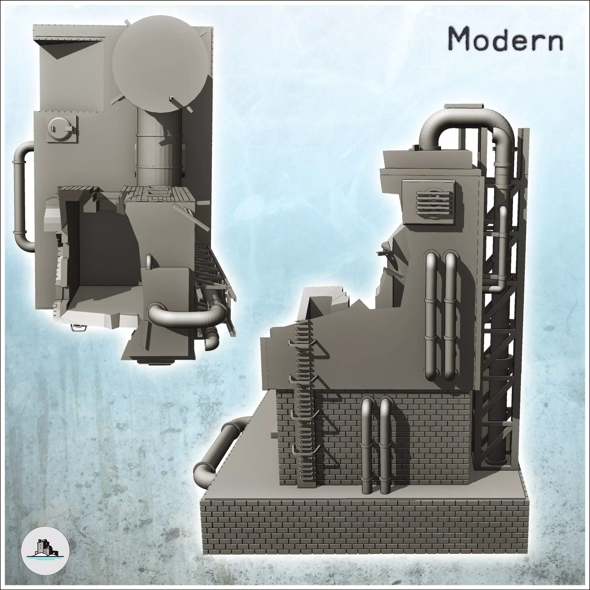 Brick industrial plant on platform with auxiliary tank and pipes 3D print model_3