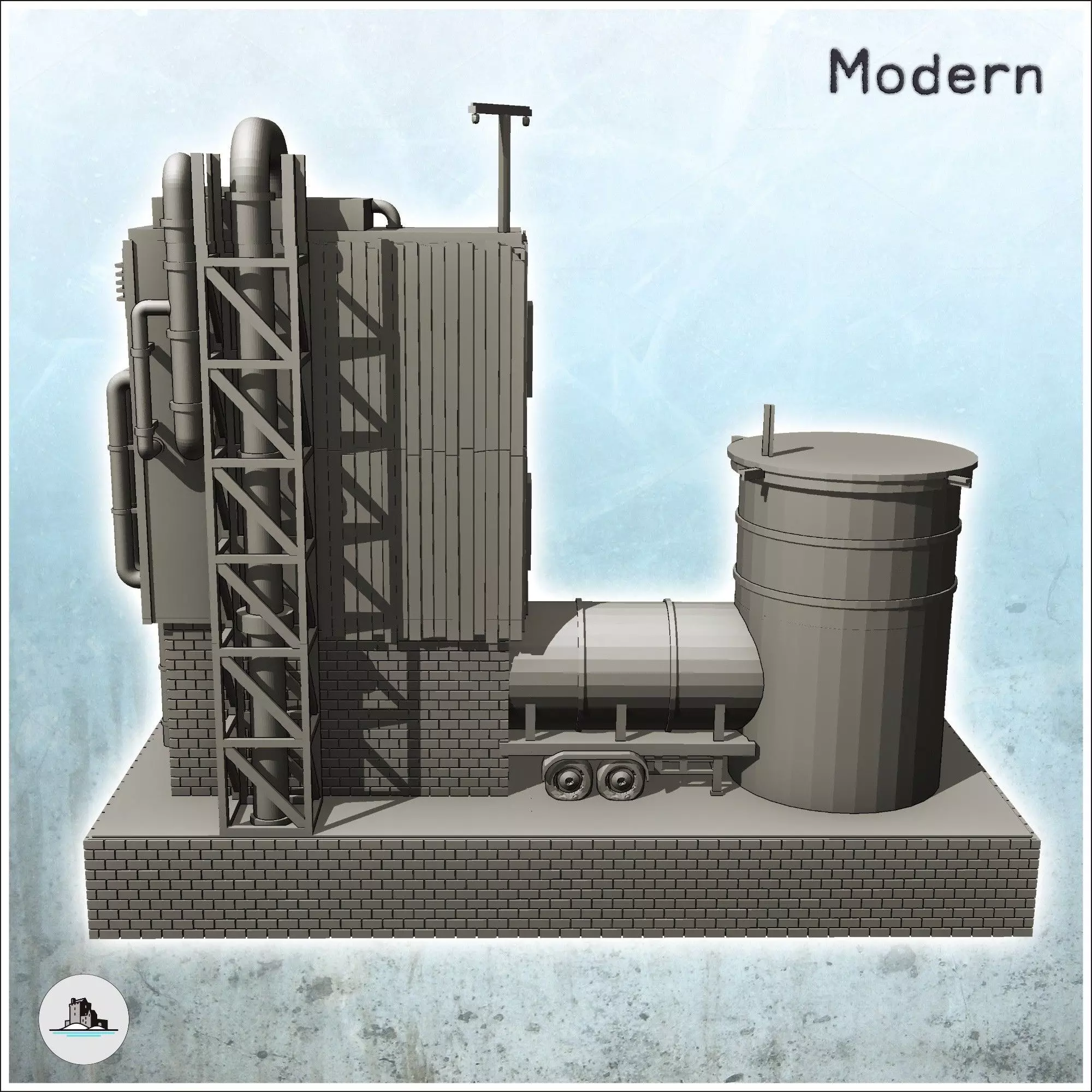 Brick industrial plant on platform with auxiliary tank and pipes 3D print model_4
