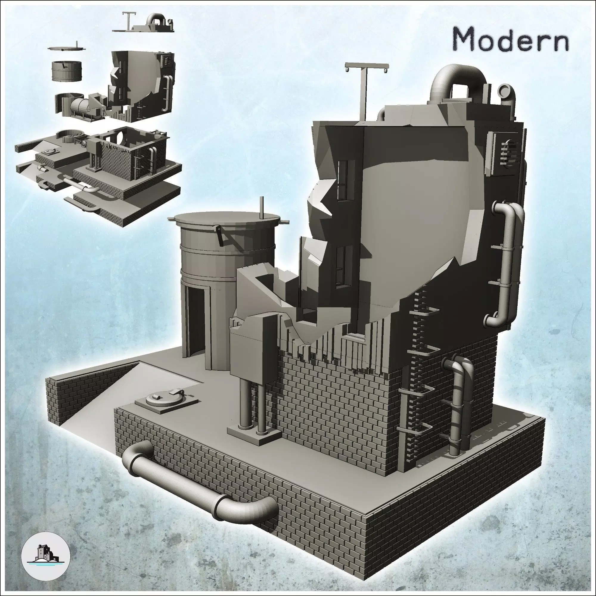 Brick industrial plant on platform with auxiliary tank and pipes 3D print model_0
