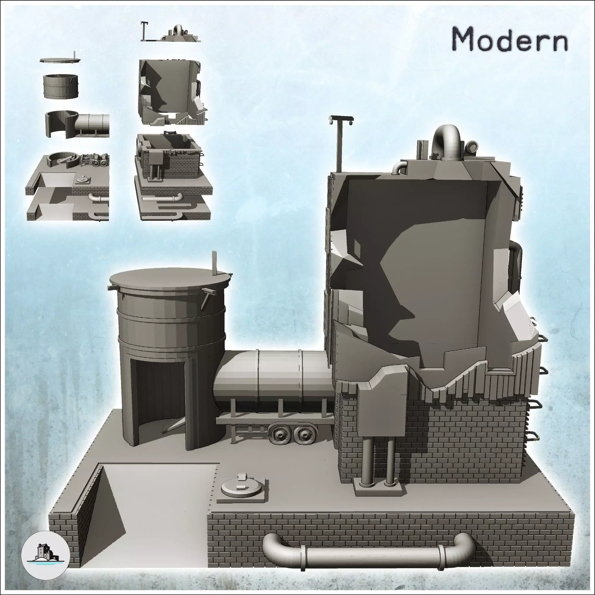 Brick industrial plant on platform with auxiliary tank and pipes 3D print model_1