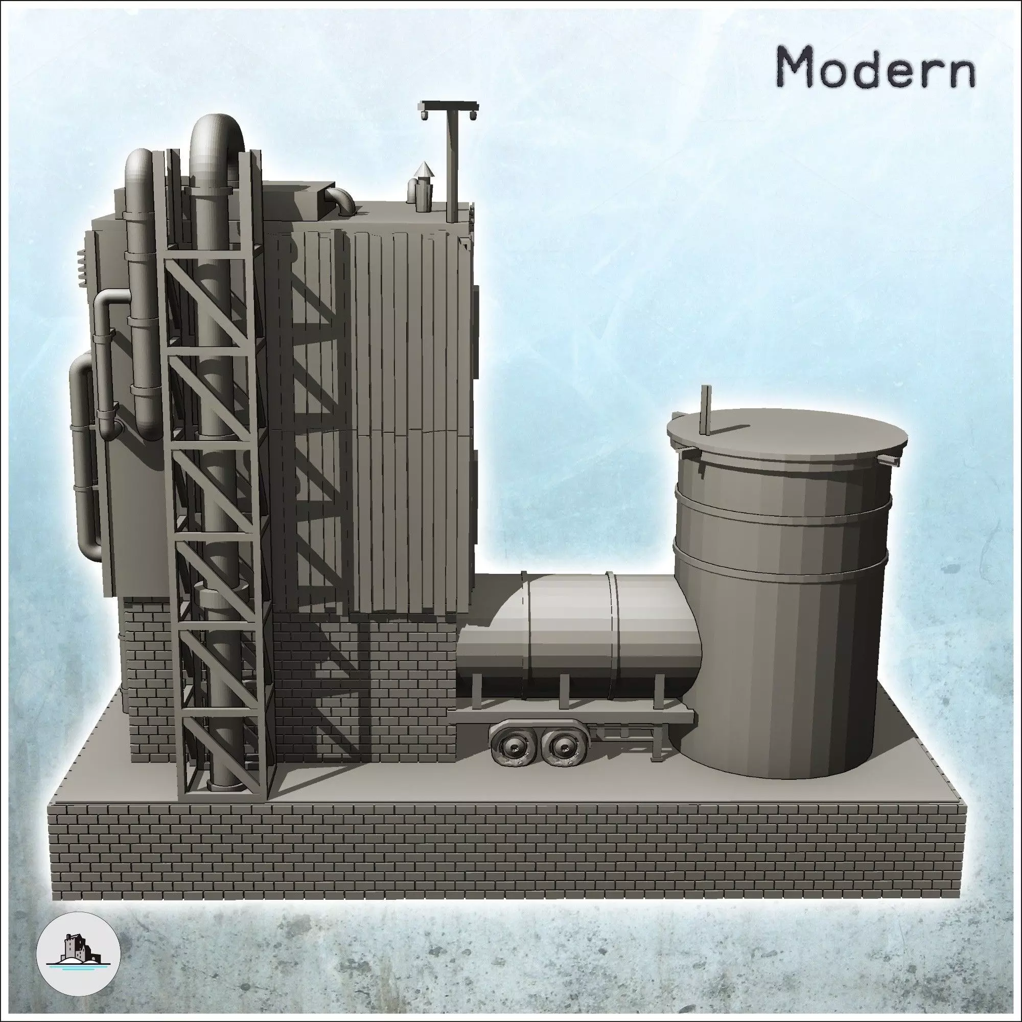 Brick industrial plant on platform with auxiliary tank and pipes 3D print model_4