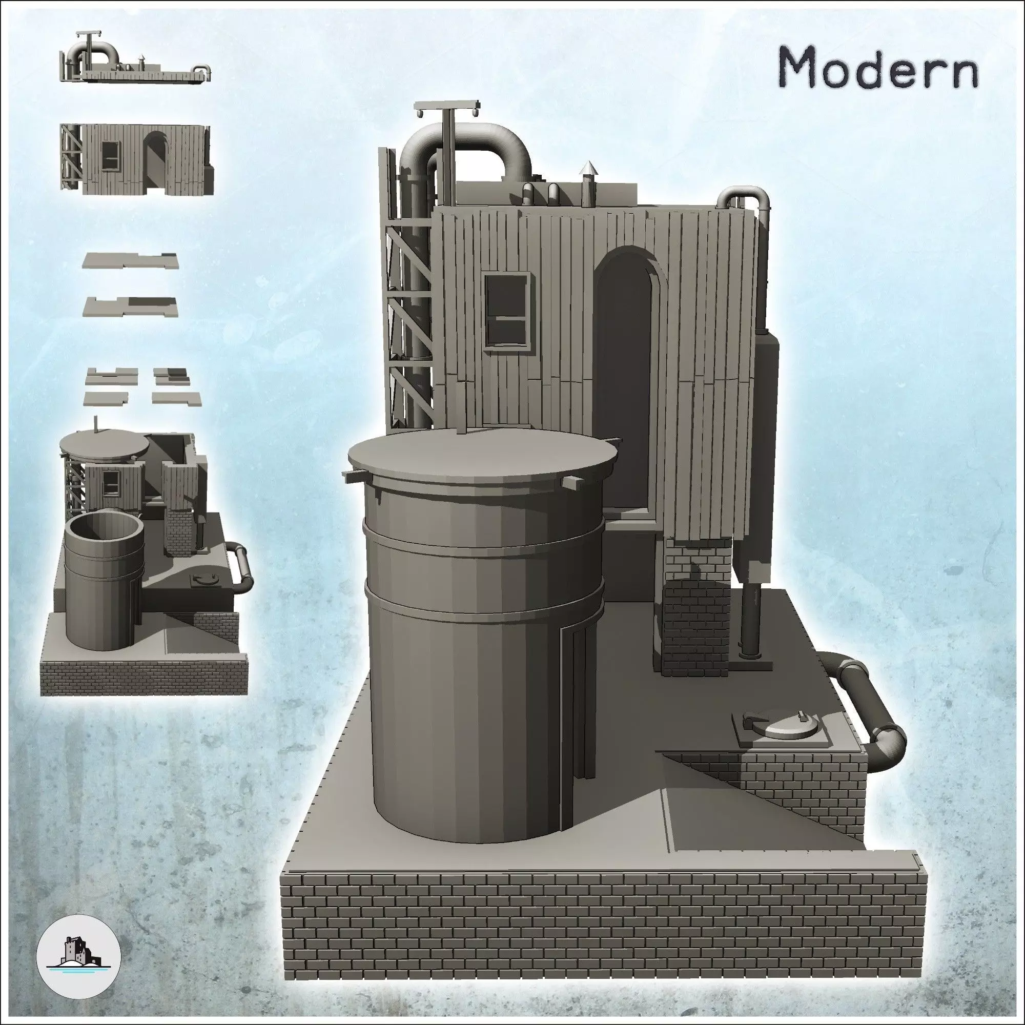 Brick industrial plant on platform with auxiliary tank and pipes 3D print model_2