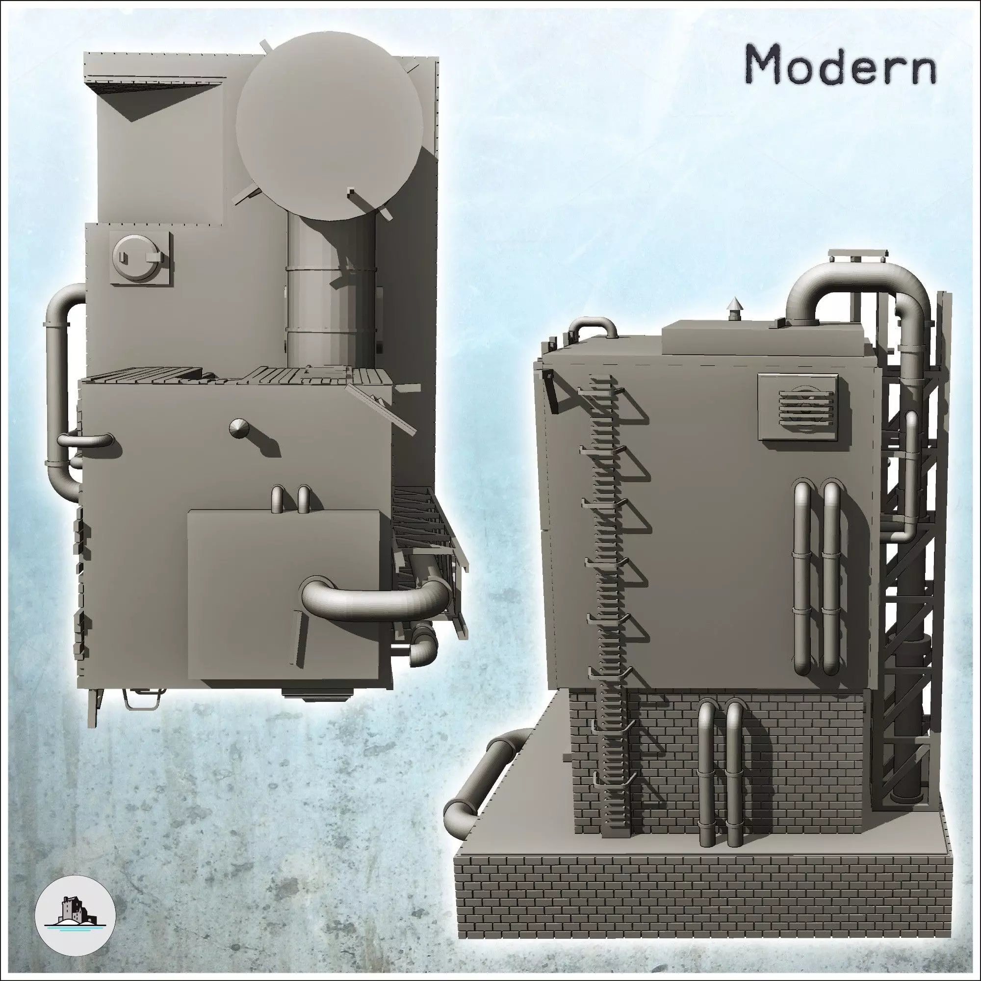 Brick industrial plant on platform with auxiliary tank and pipes 3D print model_3