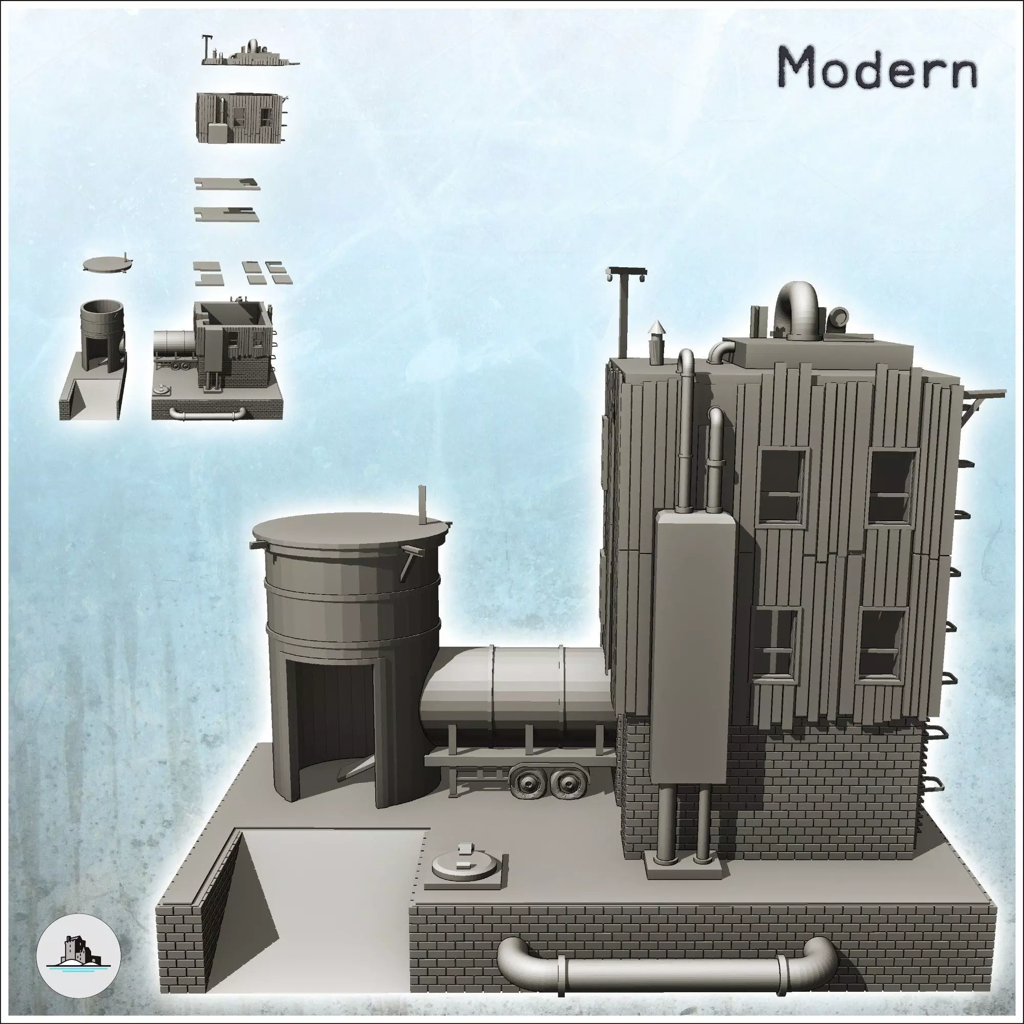 Brick industrial plant on platform with auxiliary tank and pipes 3D print model_1