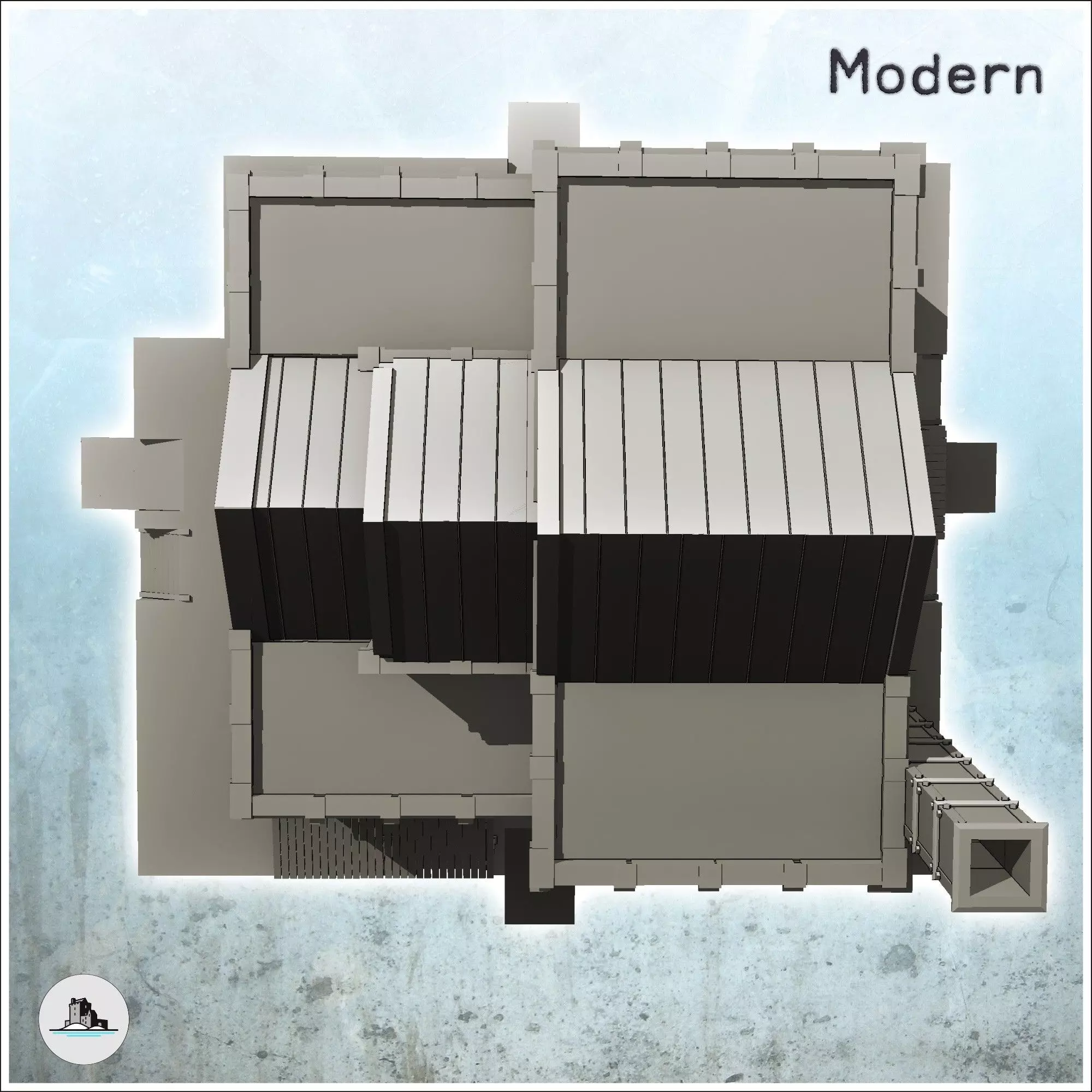 Large multi-storey brick factory on platforms with canopies and 3D print model_5