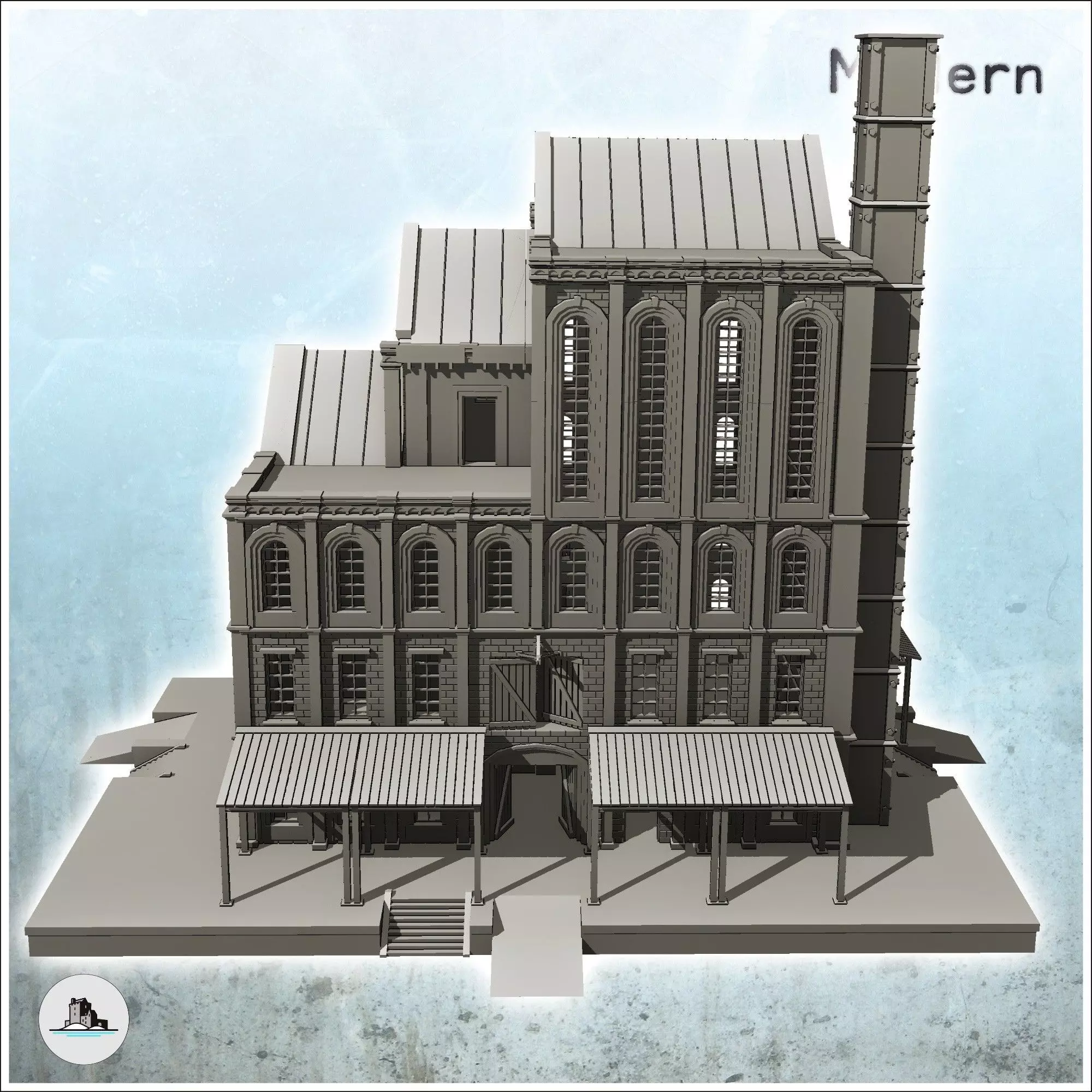 Large multi-storey brick factory on platforms with canopies and 3D print model_4