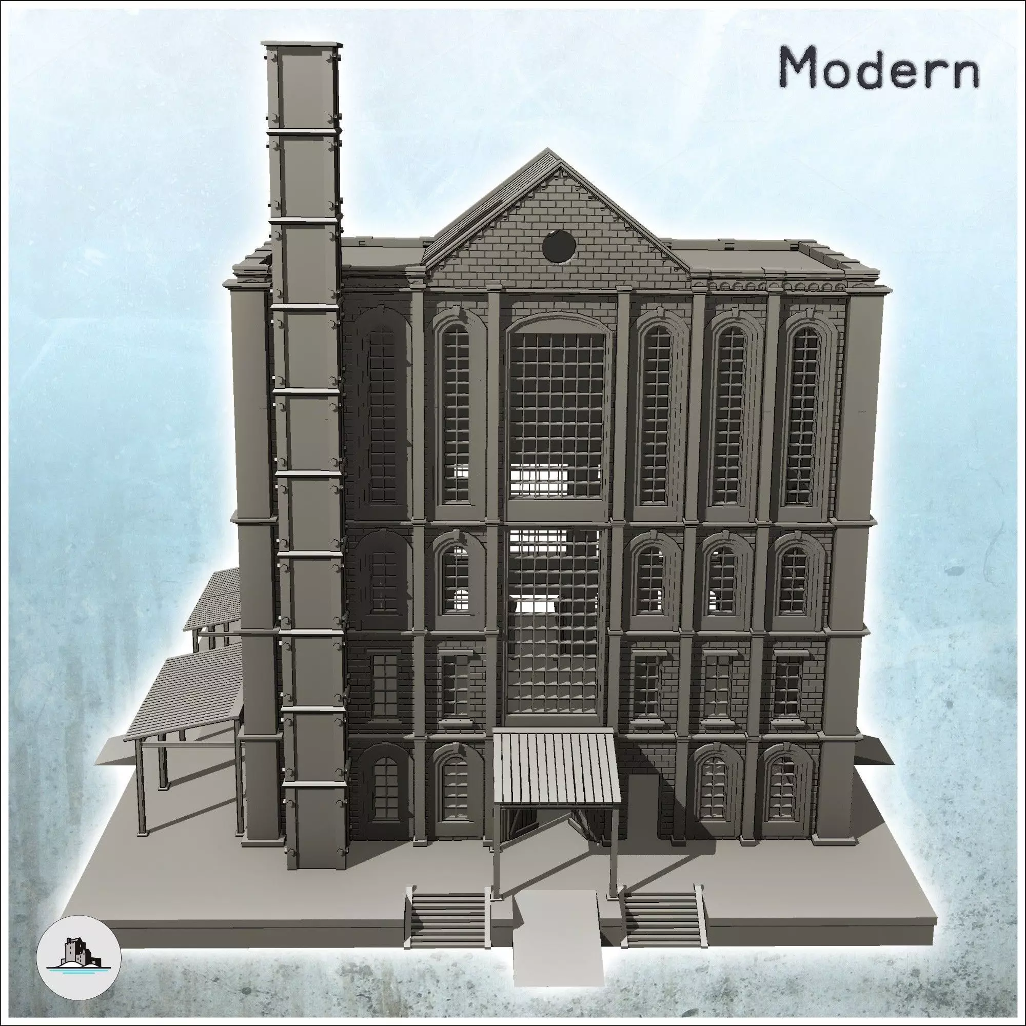 Large multi-storey brick factory on platforms with canopies and 3D print model_3