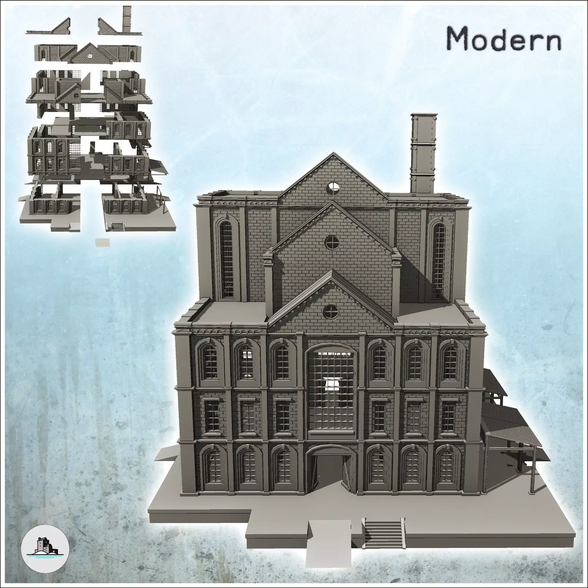Large multi-storey brick factory on platforms with canopies and 3D print model_1