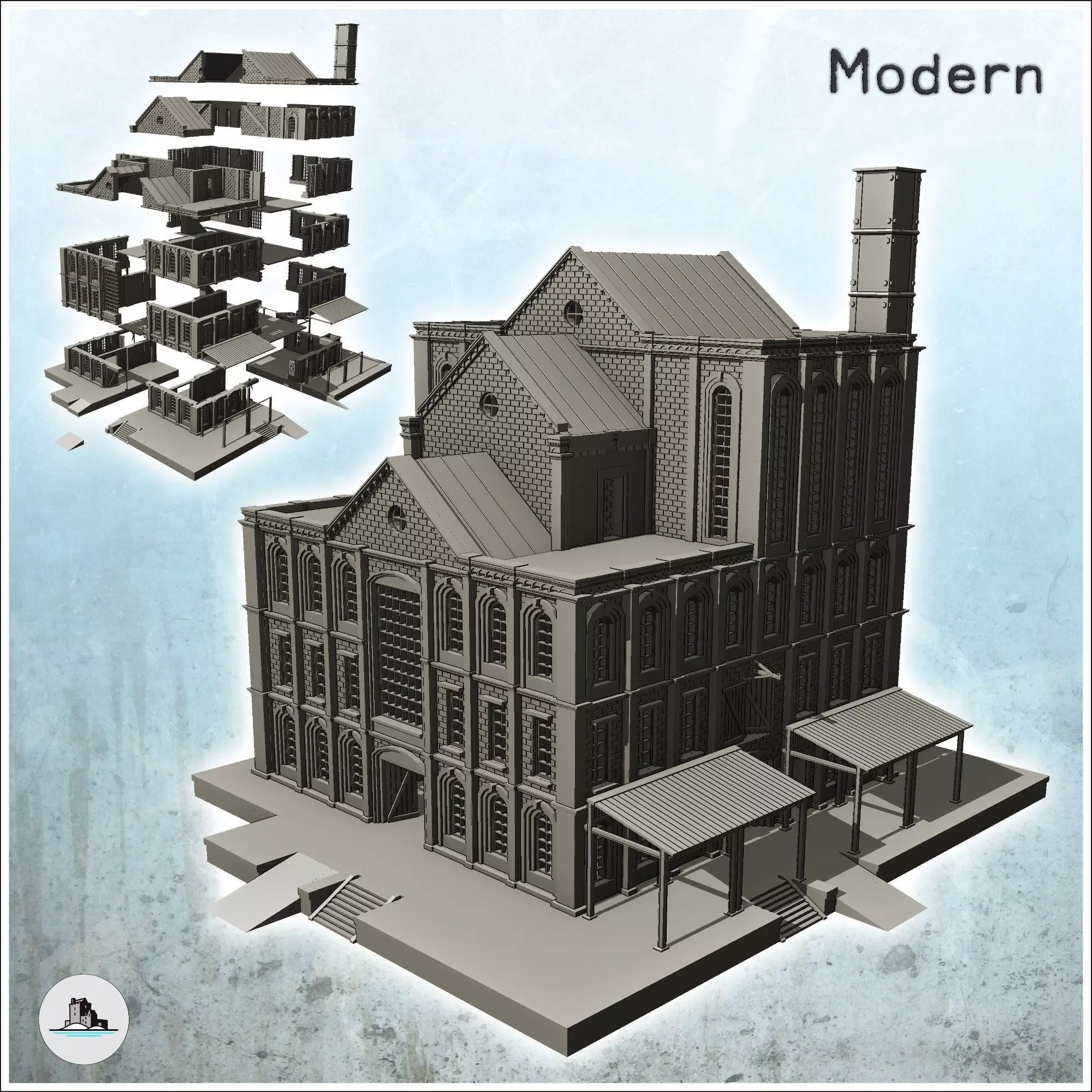 Large multi-storey brick factory on platforms with canopies and 3D print model_0