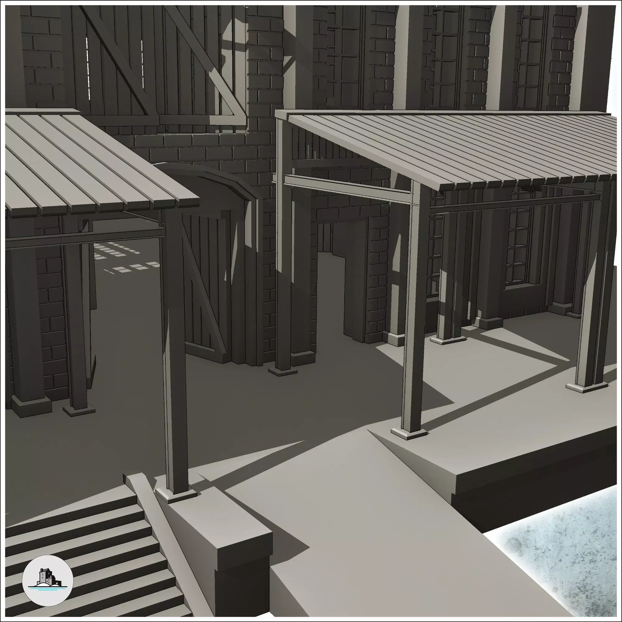 Large multi-storey brick factory on platforms with canopies and 3D print model_7