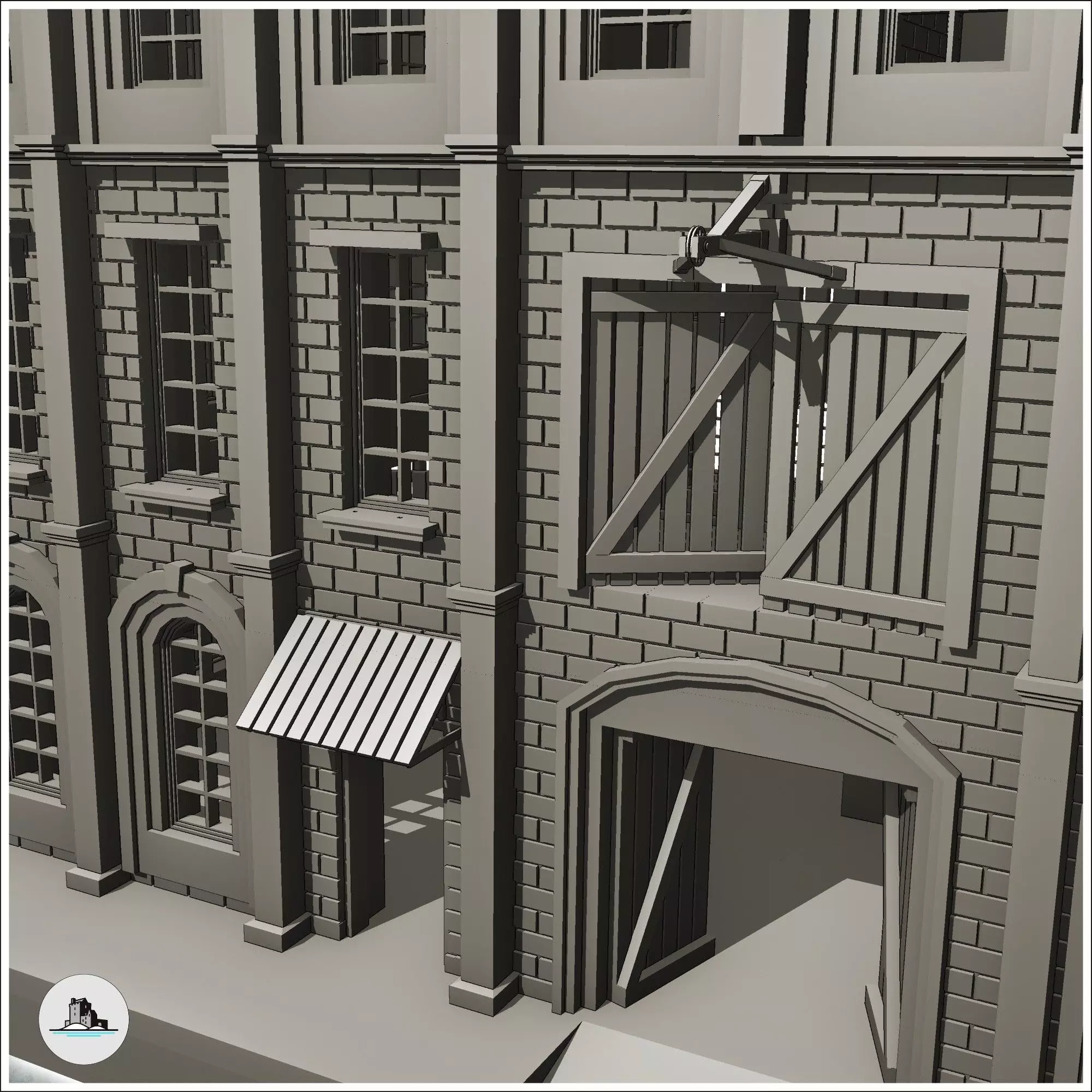 Large multi-storey brick factory on platforms with canopies and 3D print model_8