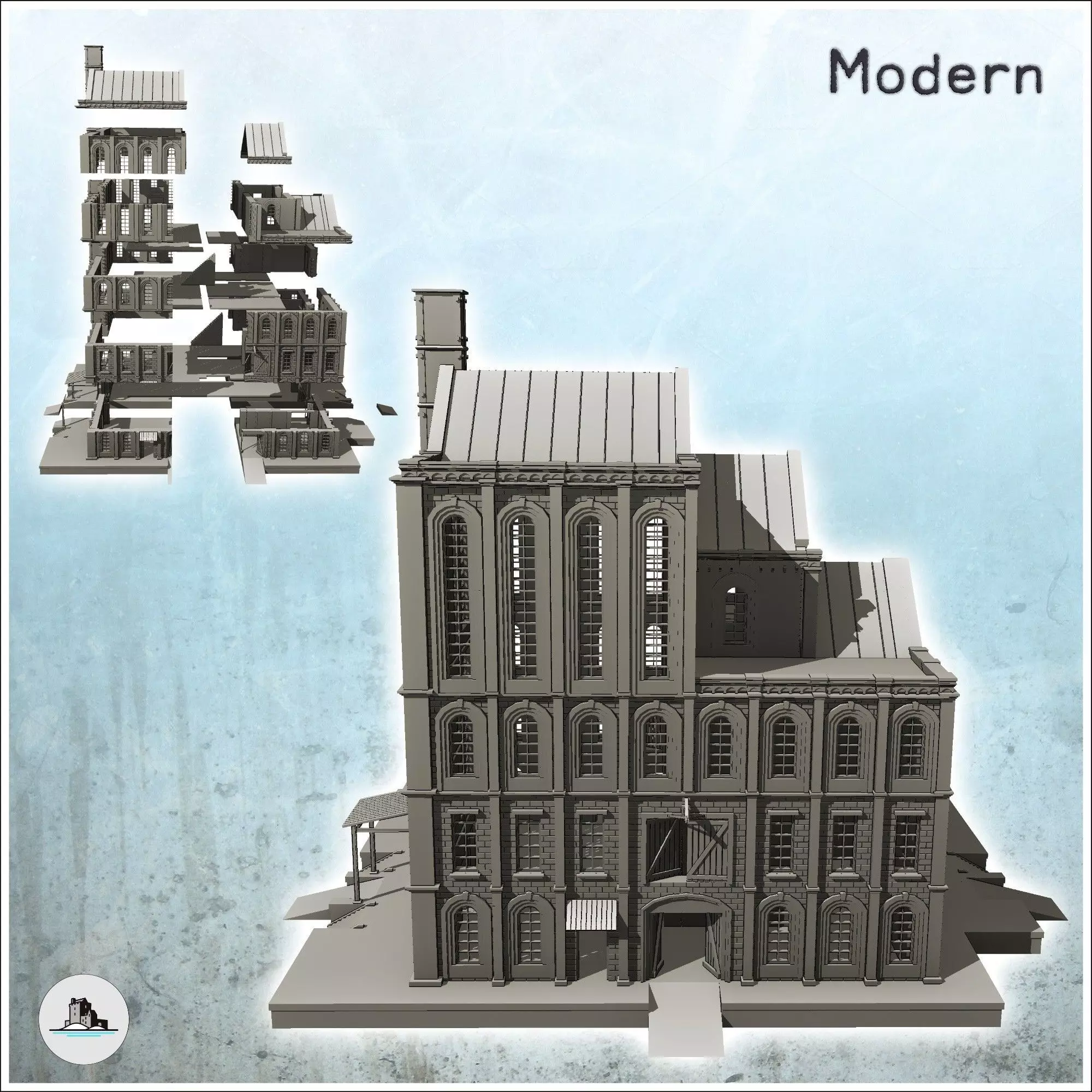 Large multi-storey brick factory on platforms with canopies and 3D print model_2