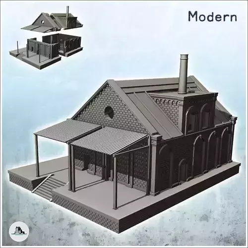 Brick industrial storage warehouse on platform with chimney and 