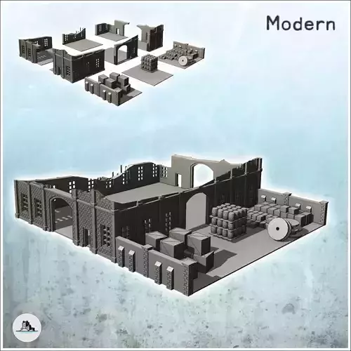 Large multi-storey brick industrial warehouse with outdoor stora