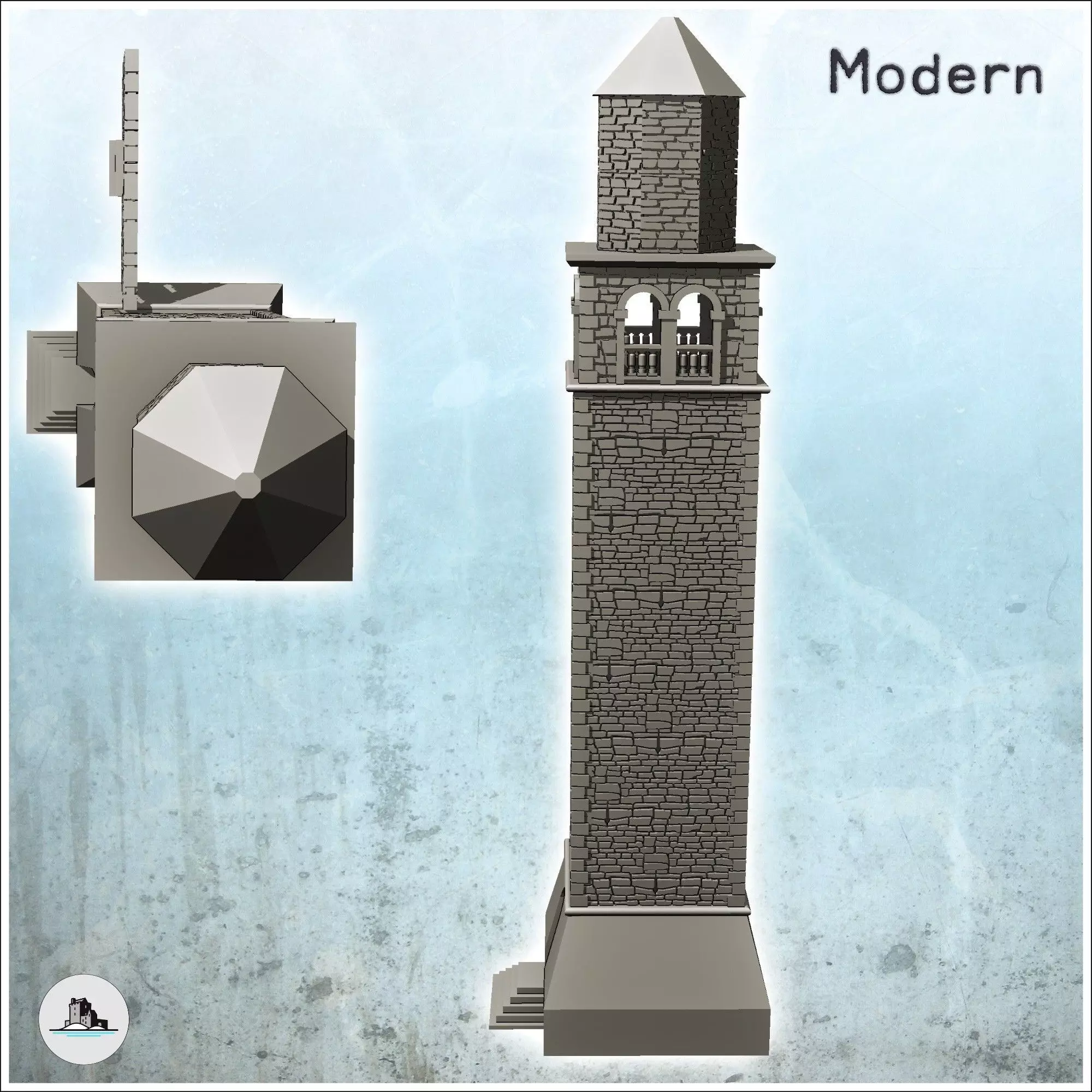 Large stone tower with adjoining wall dice tower version include 3D print model_6